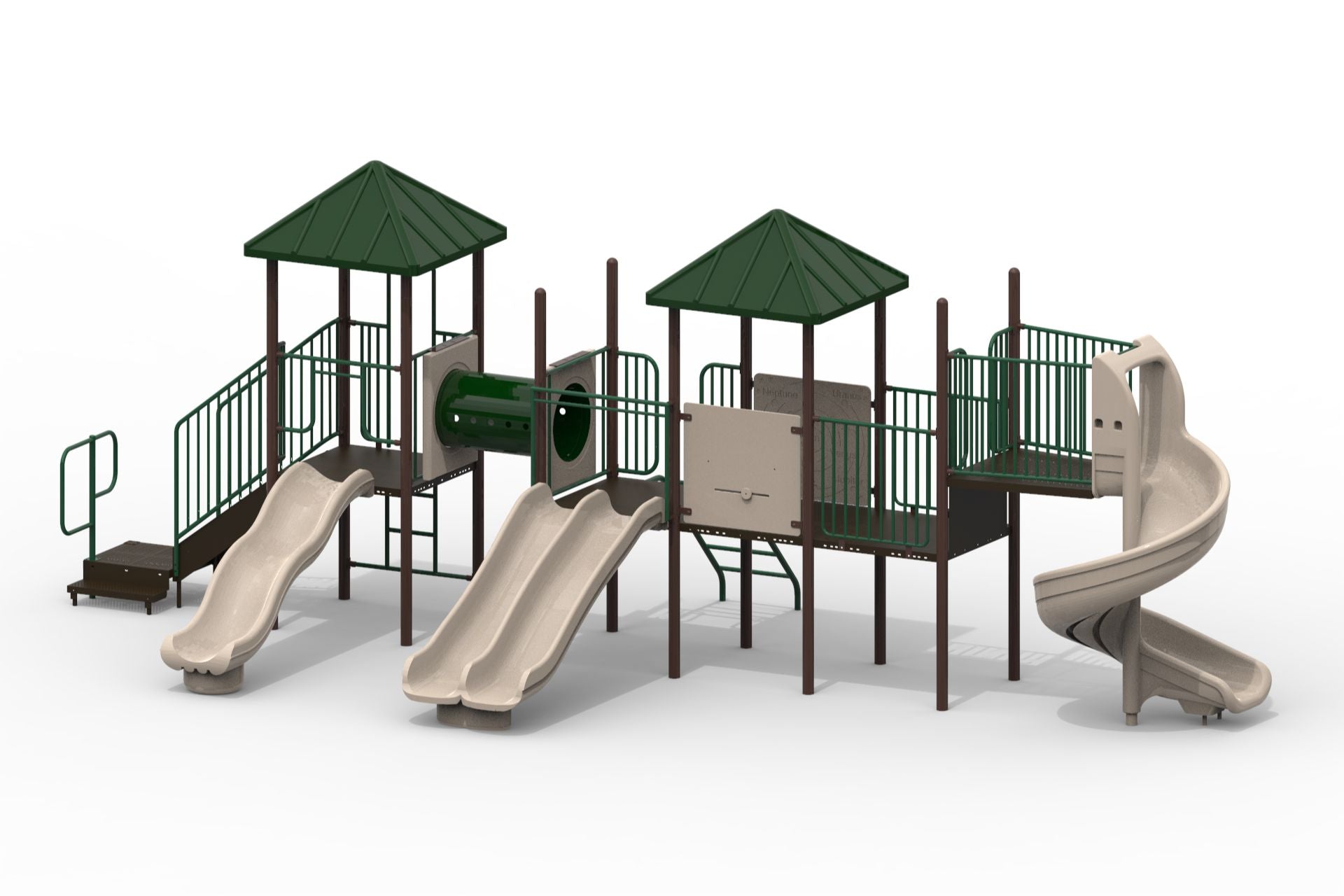 Petrified Forest WillyGoat Playground with green pyramid roofs, beige slides, crawl tunnel, and climbing structures