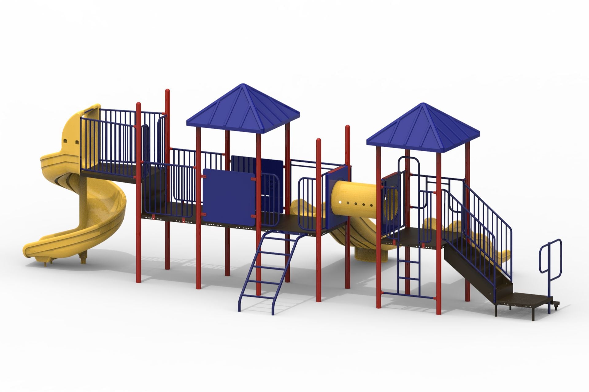 Outdoor playground with blue pyramid roofs, red posts, yellow slides, climbing ladders, and a crawl tunnel