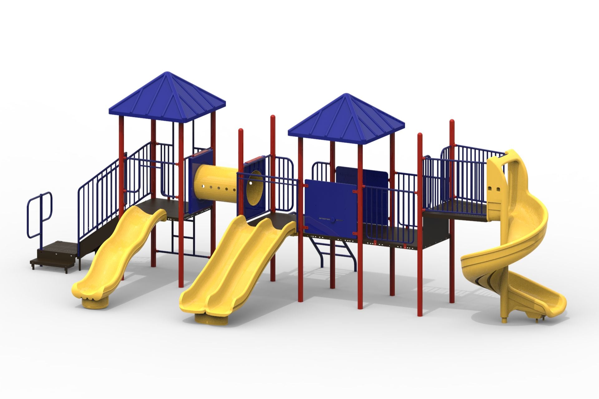 Outdoor playground with blue pyramid roofs, red posts, yellow spiral and double slides, crawl tunnel, and climbing structures