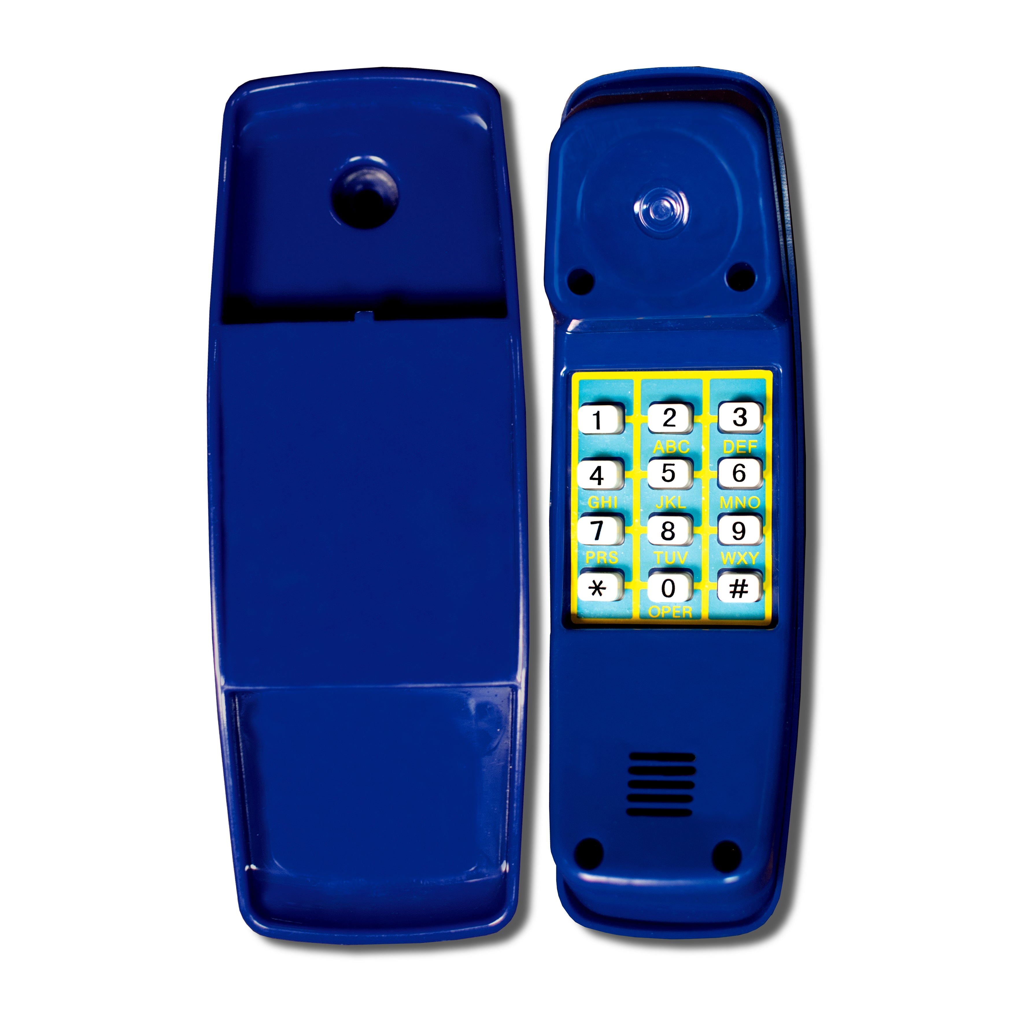 Blue cordless play phone with keypad buttons and speaker, designed as a swing set accessory for outdoor role-play.
