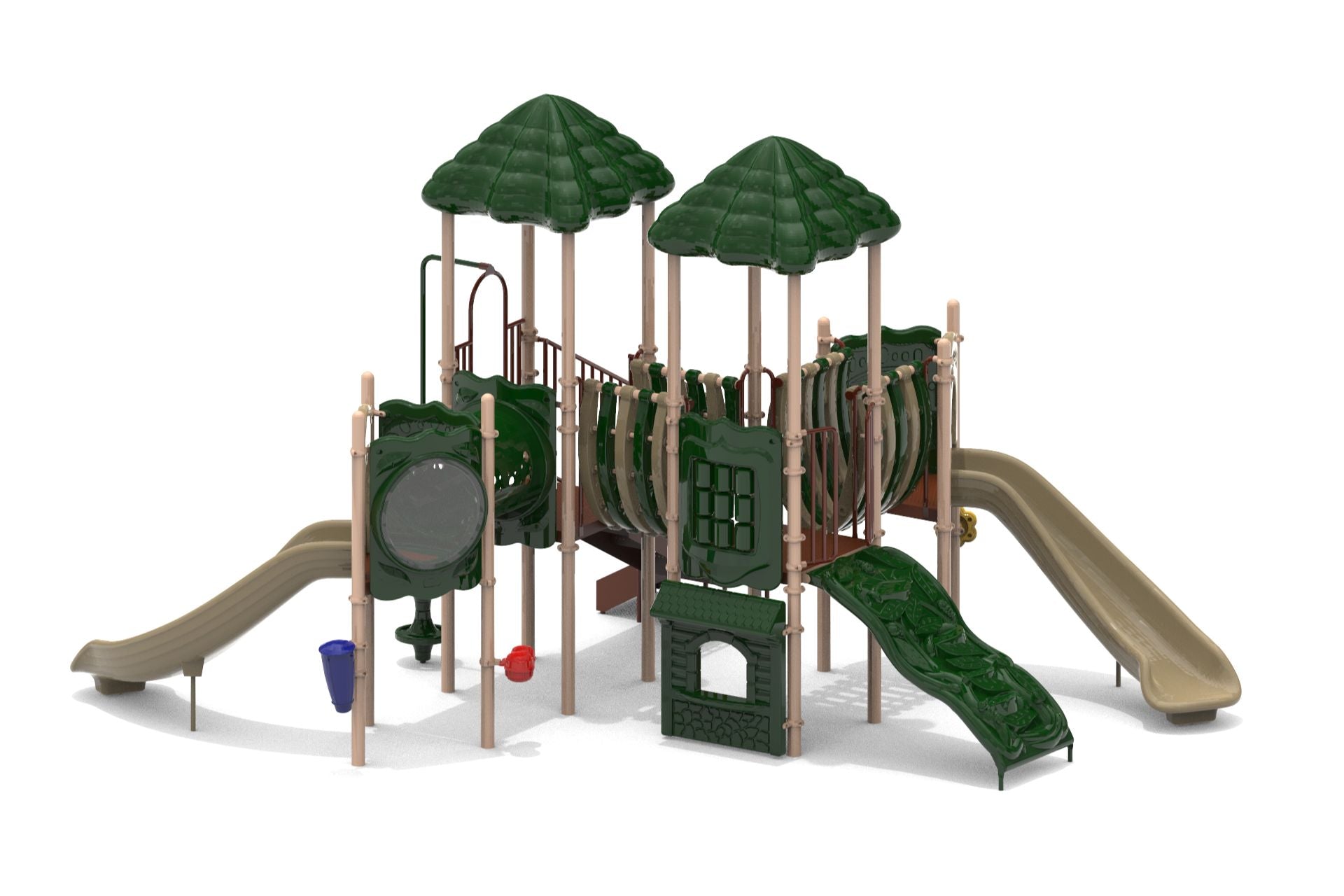 Outdoor playground structure with two green roofs, dual beige twisting slides, climbing panels, and connecting bridges.