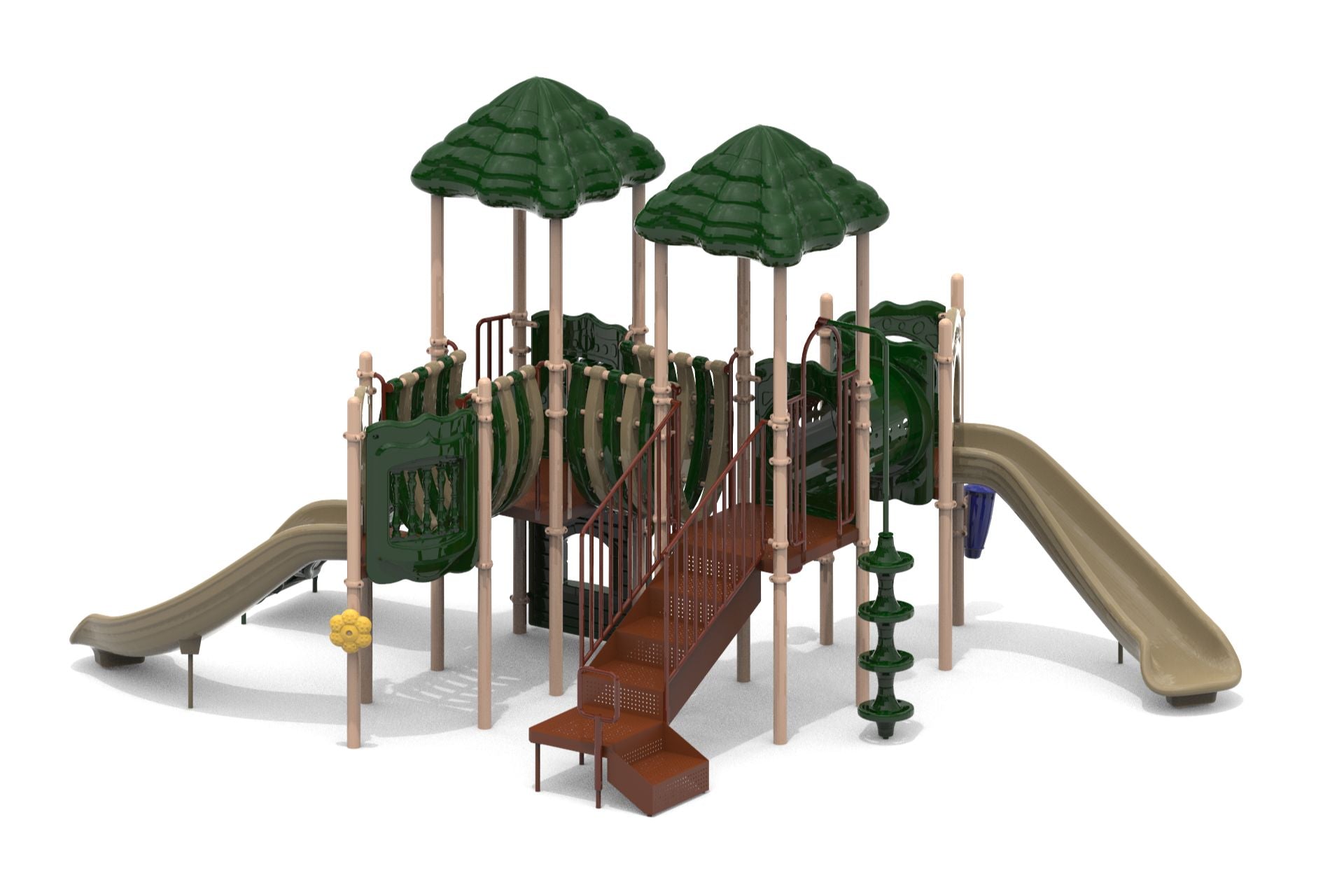Playground structure with two green leaf-shaped roofs, dual beige twisting slides, climbing elements, and brown stairs.