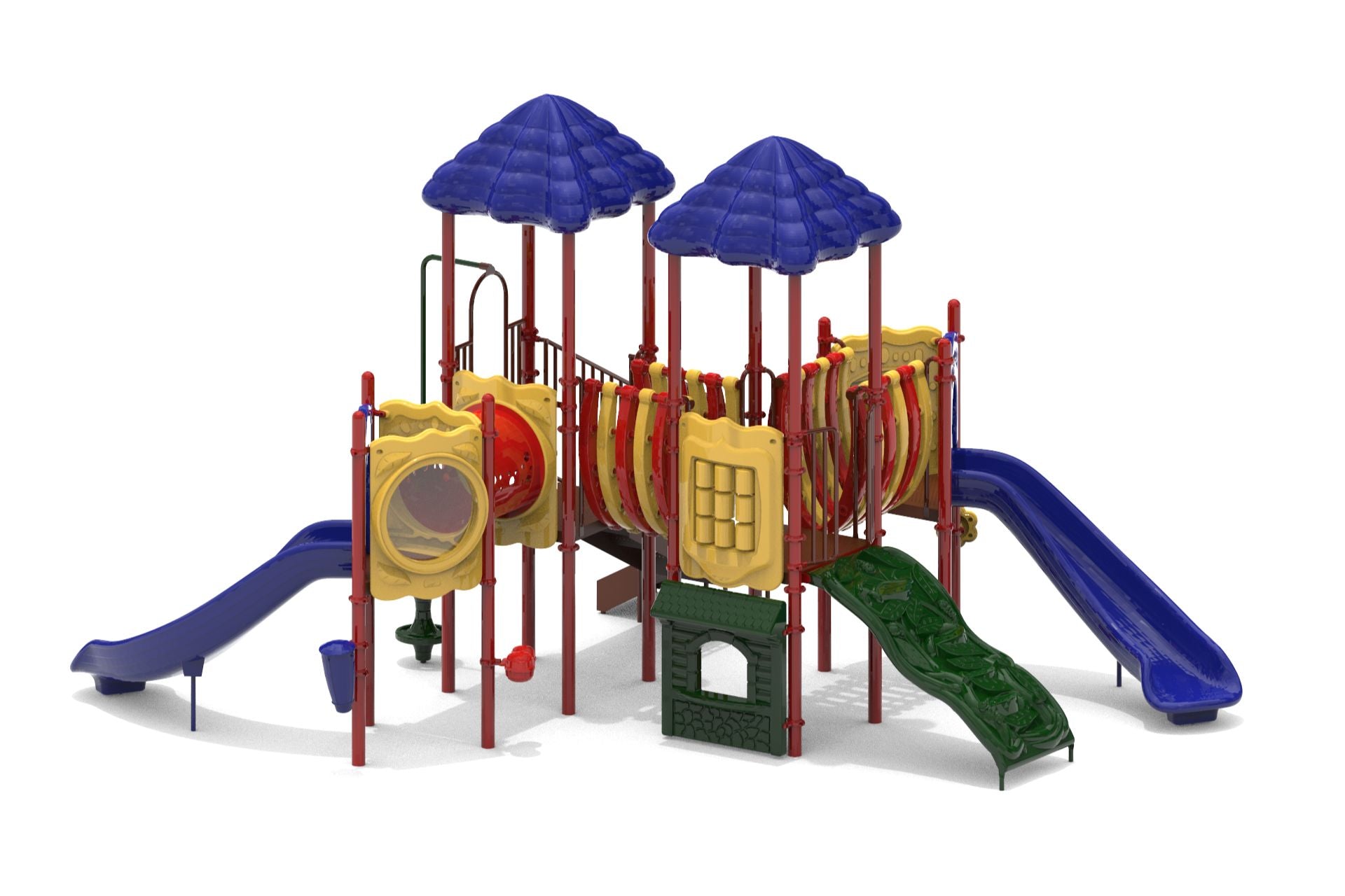 Colorful playground with two blue roofs, dual blue slides, climbing panels, and a red tunnel connecting play zones.