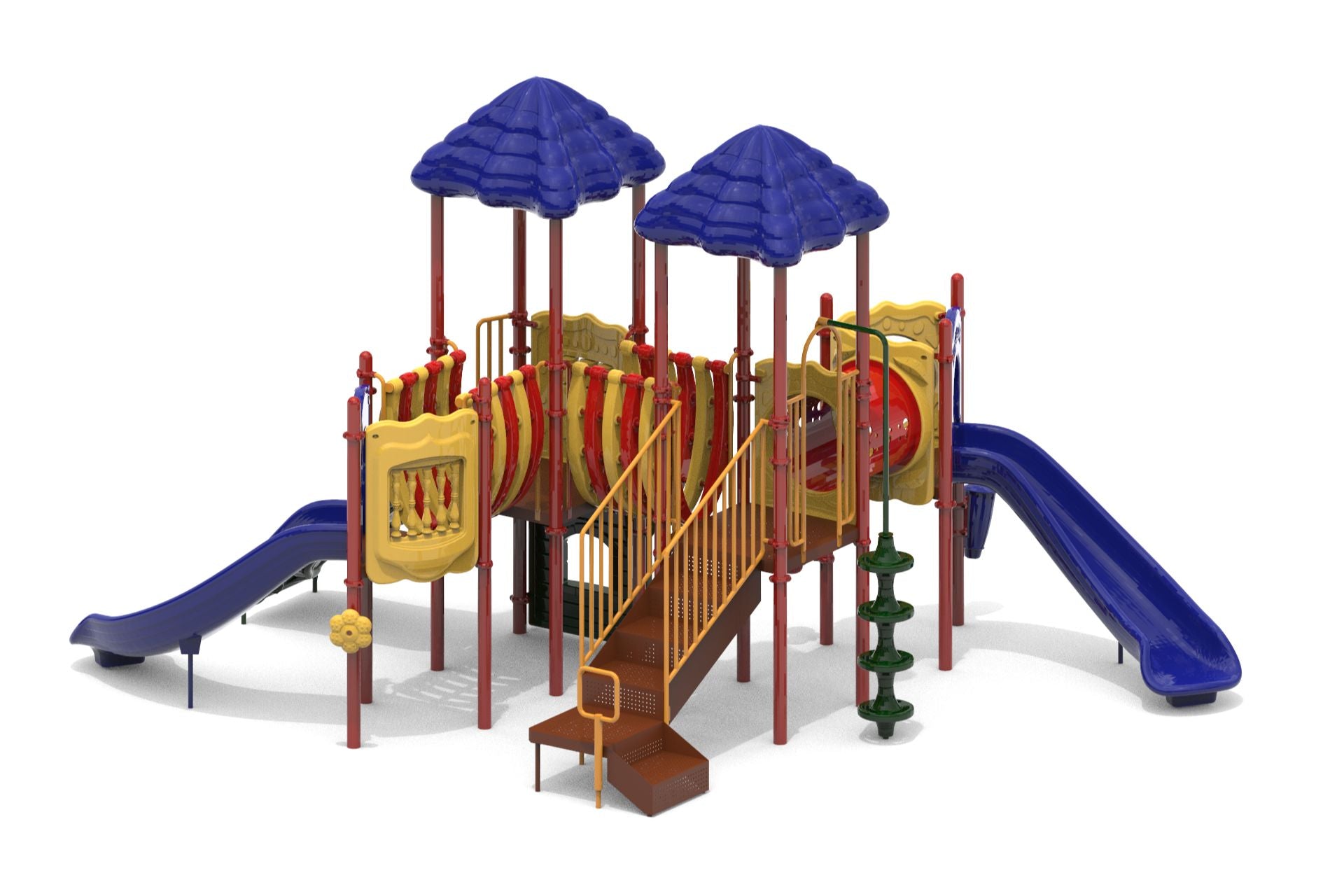 Pike's Peak Playground Play System with two blue roofs, dual twisting slides, climbing stairs, and connecting bridges in vibrant colors
