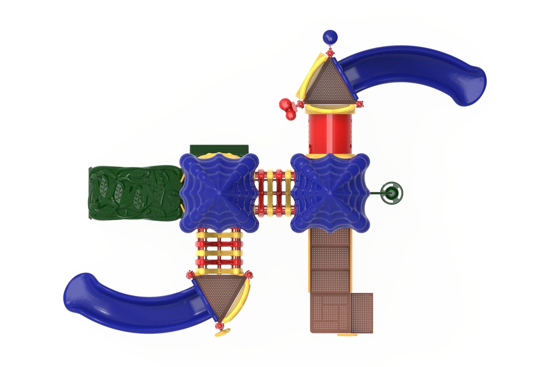 Overhead view of colorful playground with two blue peaked roofs, curved slides, climbing bridges, and activity panels