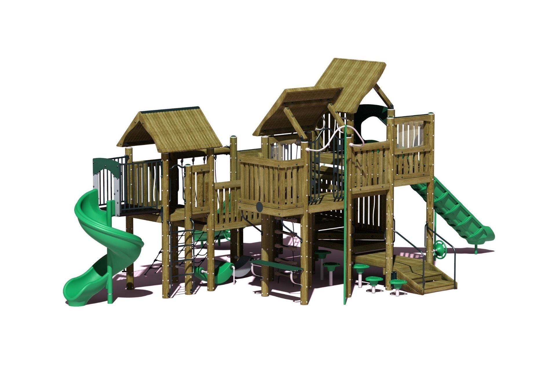 Pine Play System with wooden platforms, green spiral and straight slides, climbing nets, double slide, and firefighter pole