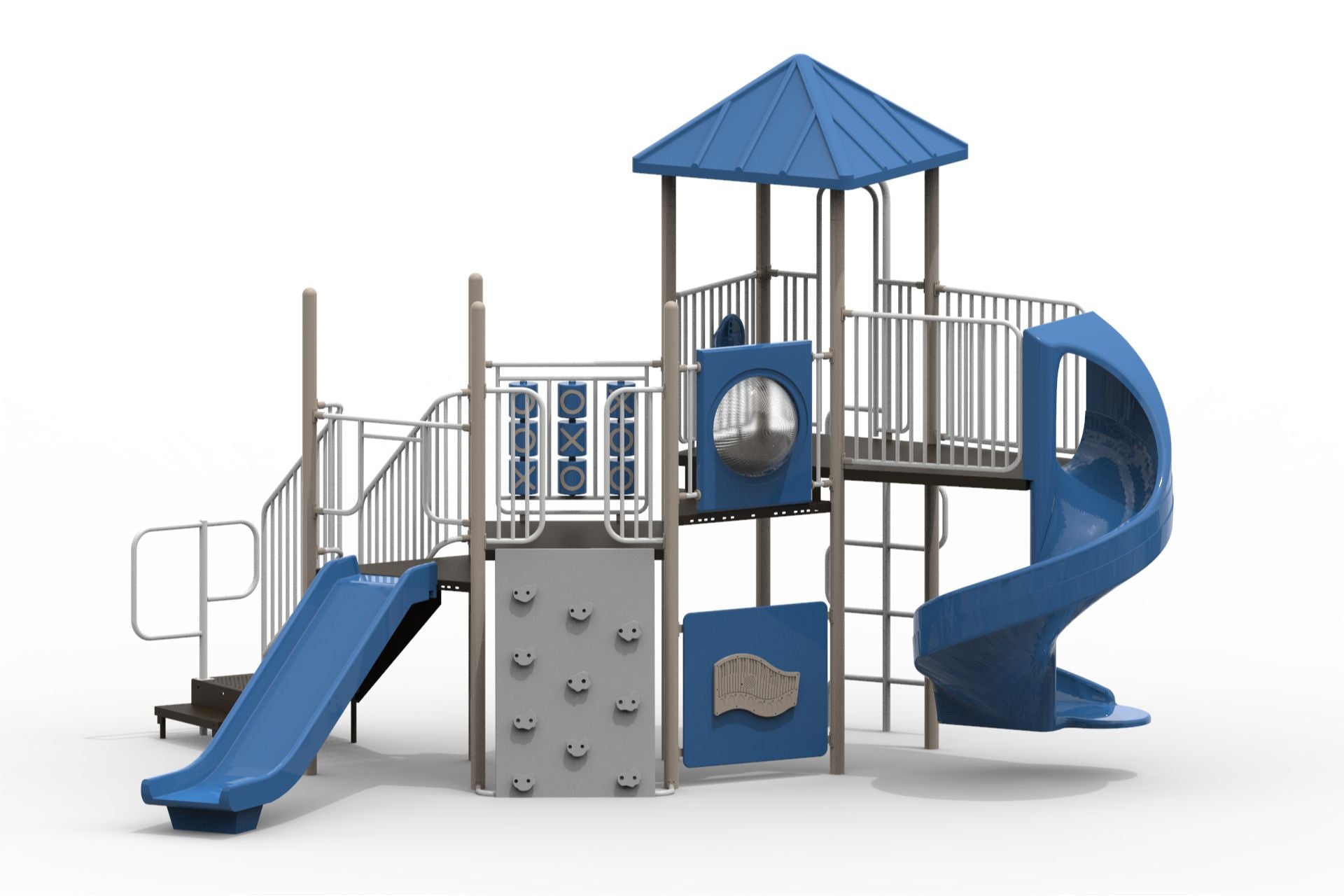 Outdoor playground structure with blue slides, climbing wall, tic-tac-toe panels, and shaded platform for active, creative play.