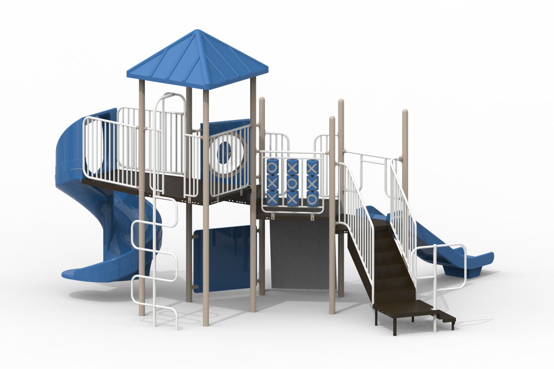 Outdoor playground structure with blue slides, climbing ladder, tic-tac-toe panels, and shaded platform for active, creative play
