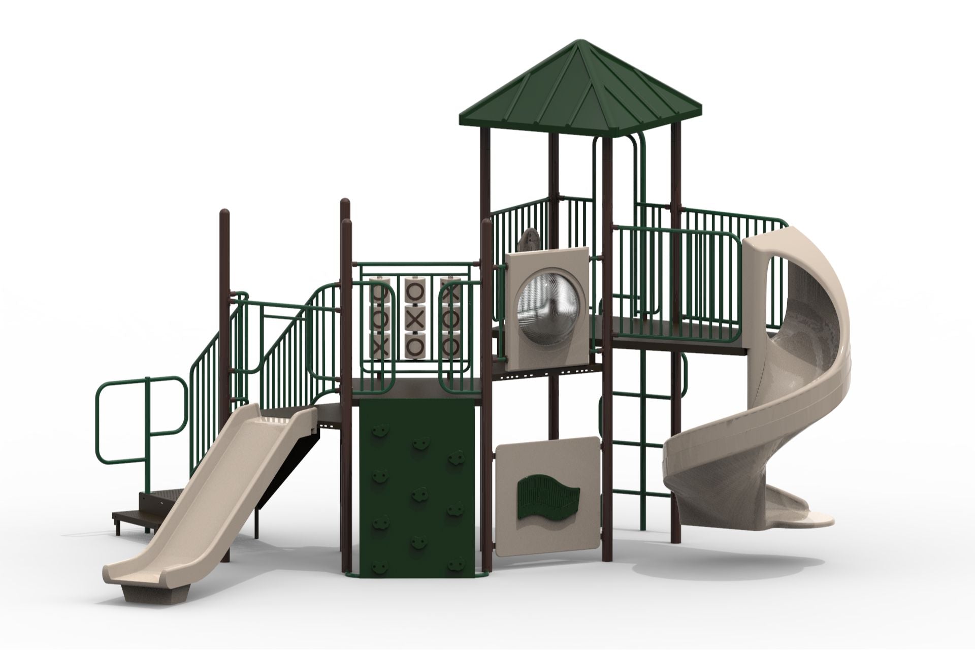 Outdoor playground structure with slides, climbing wall, tic-tac-toe panel, and green roof for active, creative play