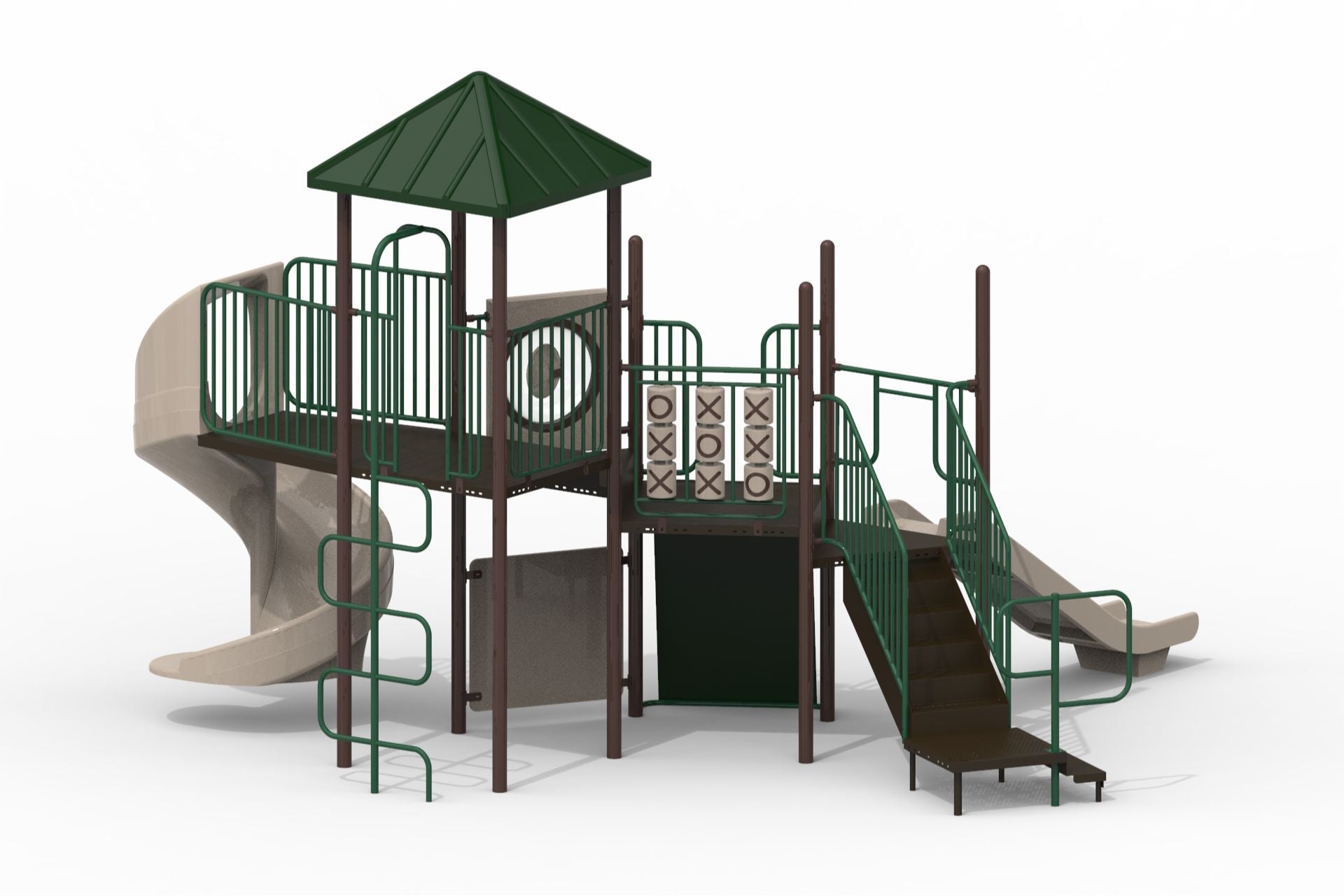 Pinnacles WillyGoat Playground with green railings, beige slides, climbing ladder, tic-tac-toe panels, and roofed platform in outdoor setting
