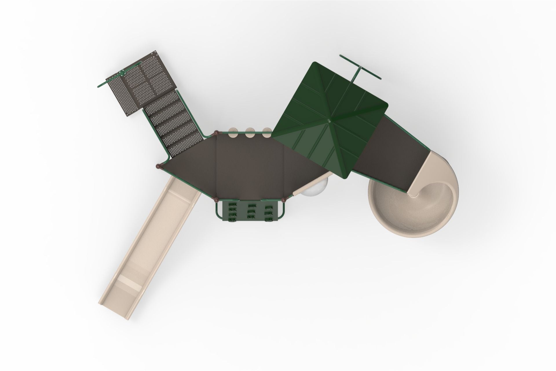 Overhead view of a green and beige outdoor playground with slides, climbing elements, and a shaded platform