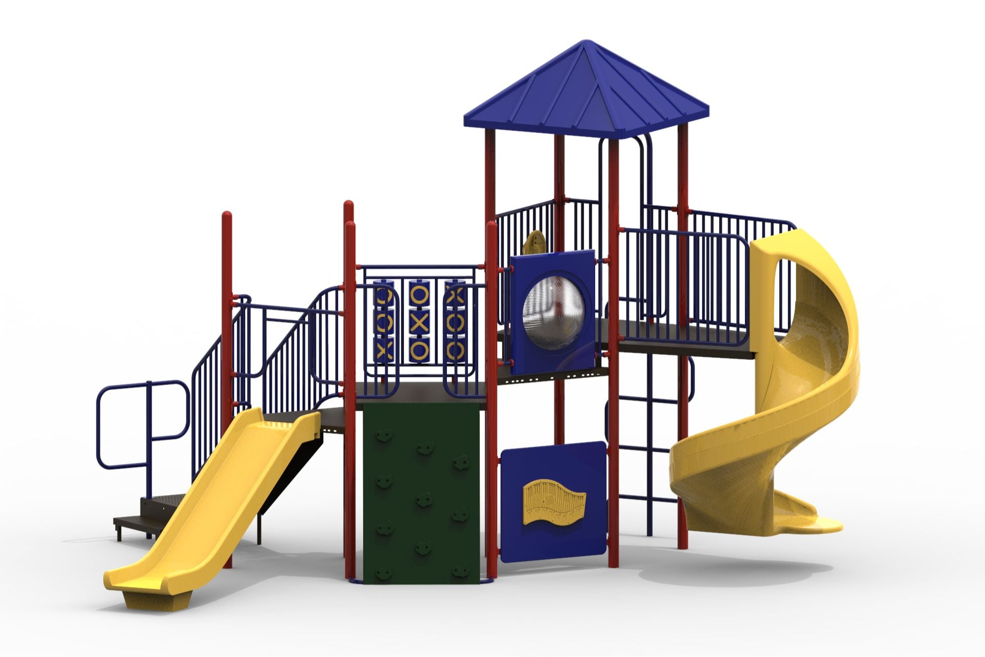 Outdoor playground structure with yellow slides, climbing wall, tic-tac-toe panels, and blue roofed platform