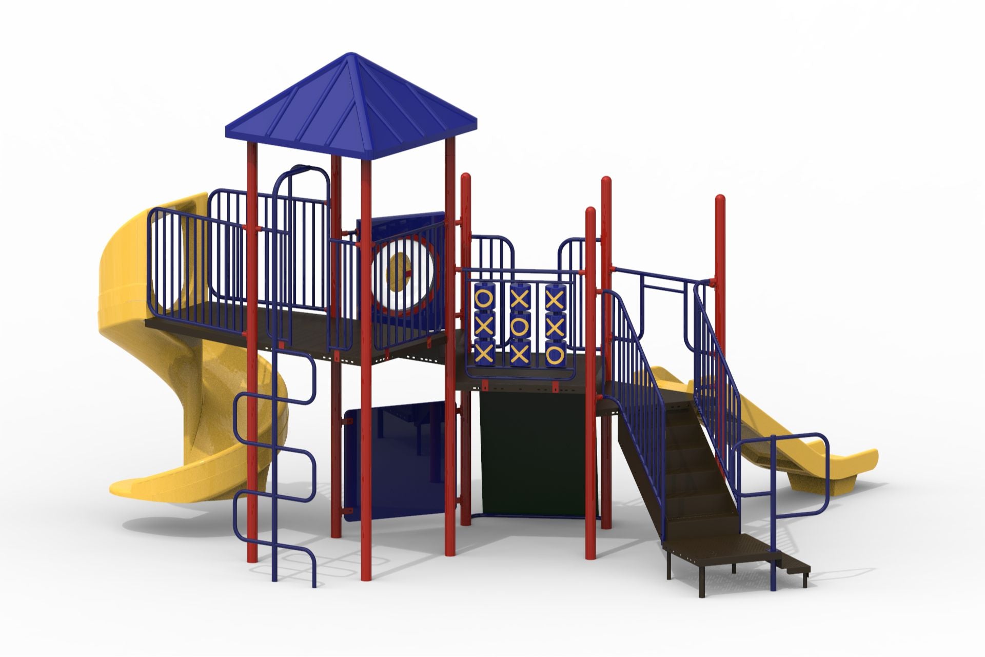 Outdoor playground structure with slides, climbing ladder, tic-tac-toe panels, and covered platform in primary colors