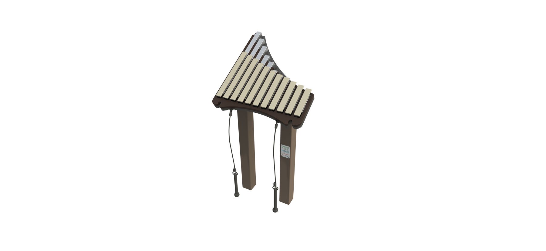 Island-inspired outdoor musical instrument with 11 brown fiberglass bars and two attached mallets, angled view