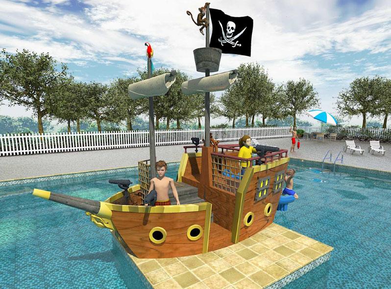 Pirate ship-themed commercial water slide with pirate flag, cannons, and children playing in a pool setting