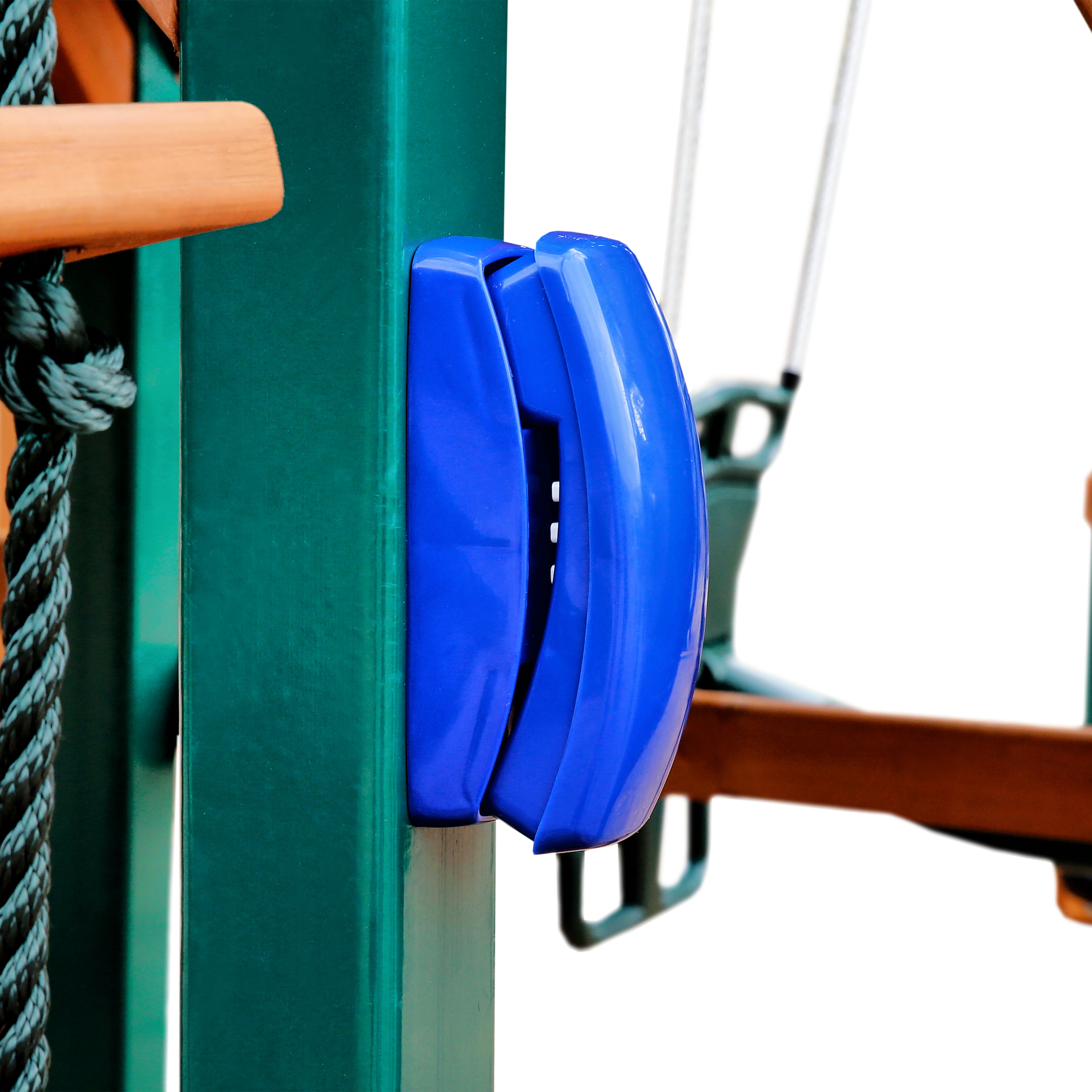 Blue cordless play phone mounted on green wooden swing set post with visible swing seat and rope