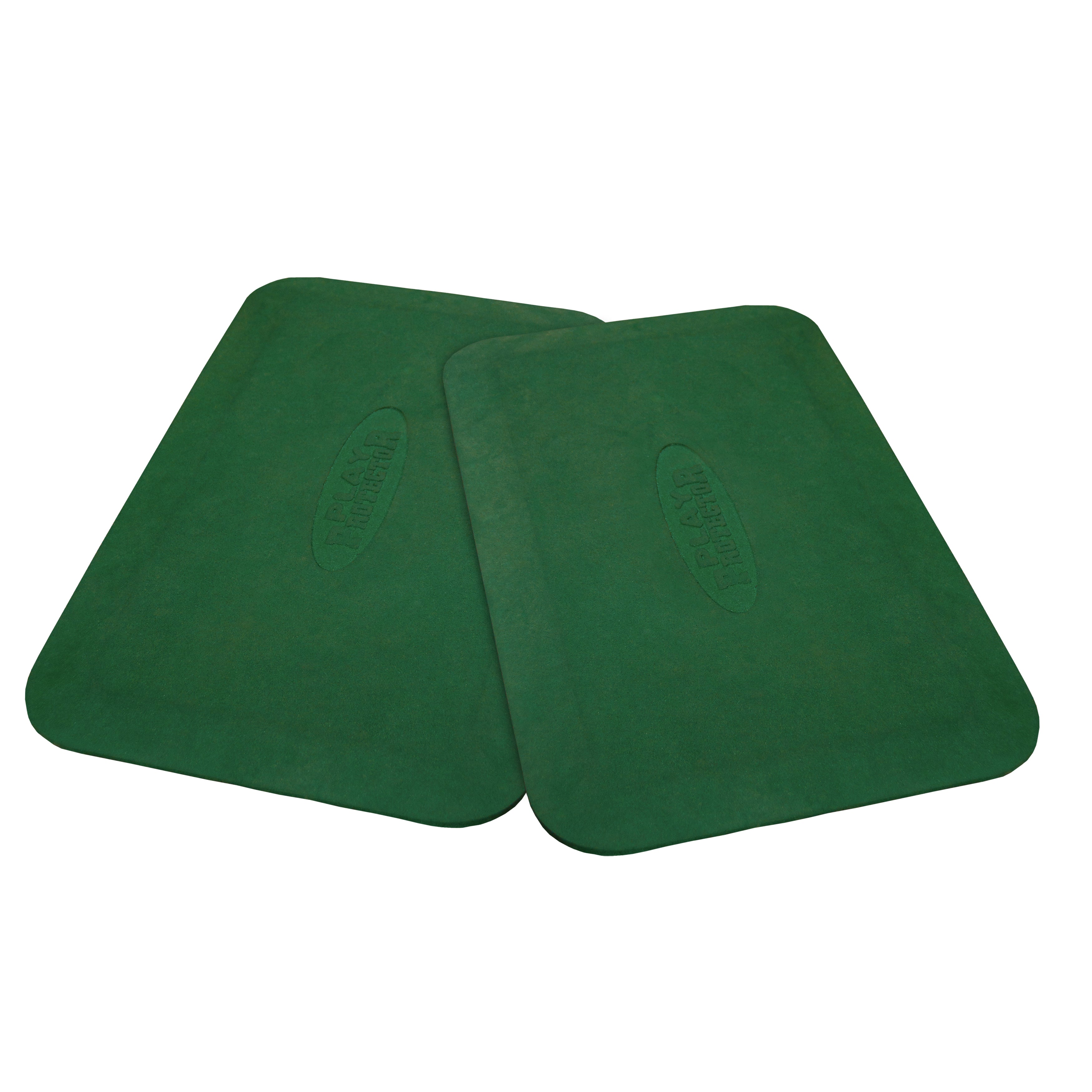 Pair of green durable rubber ground protection mats with embossed logos, designed to prevent wear under playground swings and slides