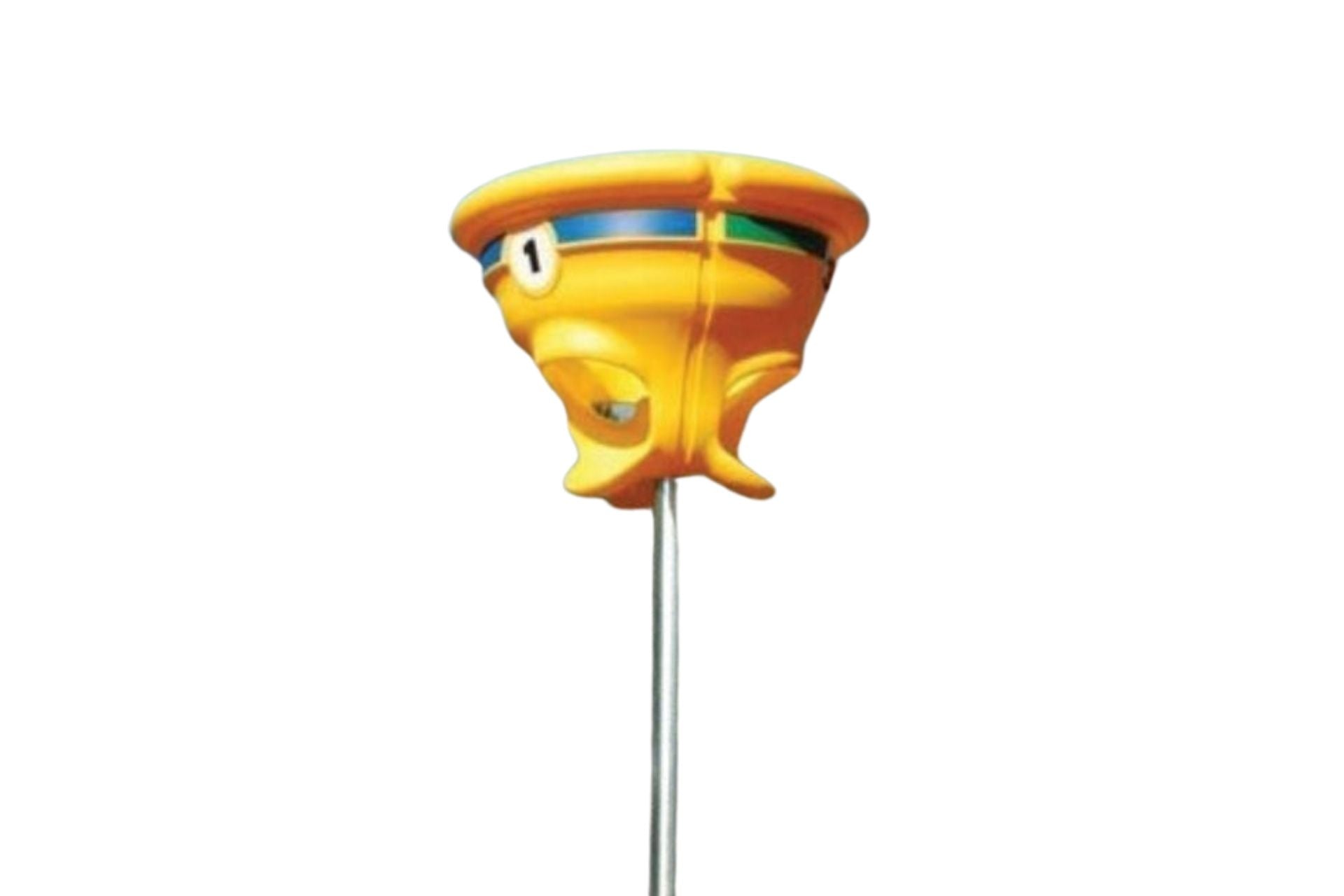 Playground Funball Hoop with bright yellow funnel-shaped hoop on metal pole, colorful bands around top rim, outdoor play equipment