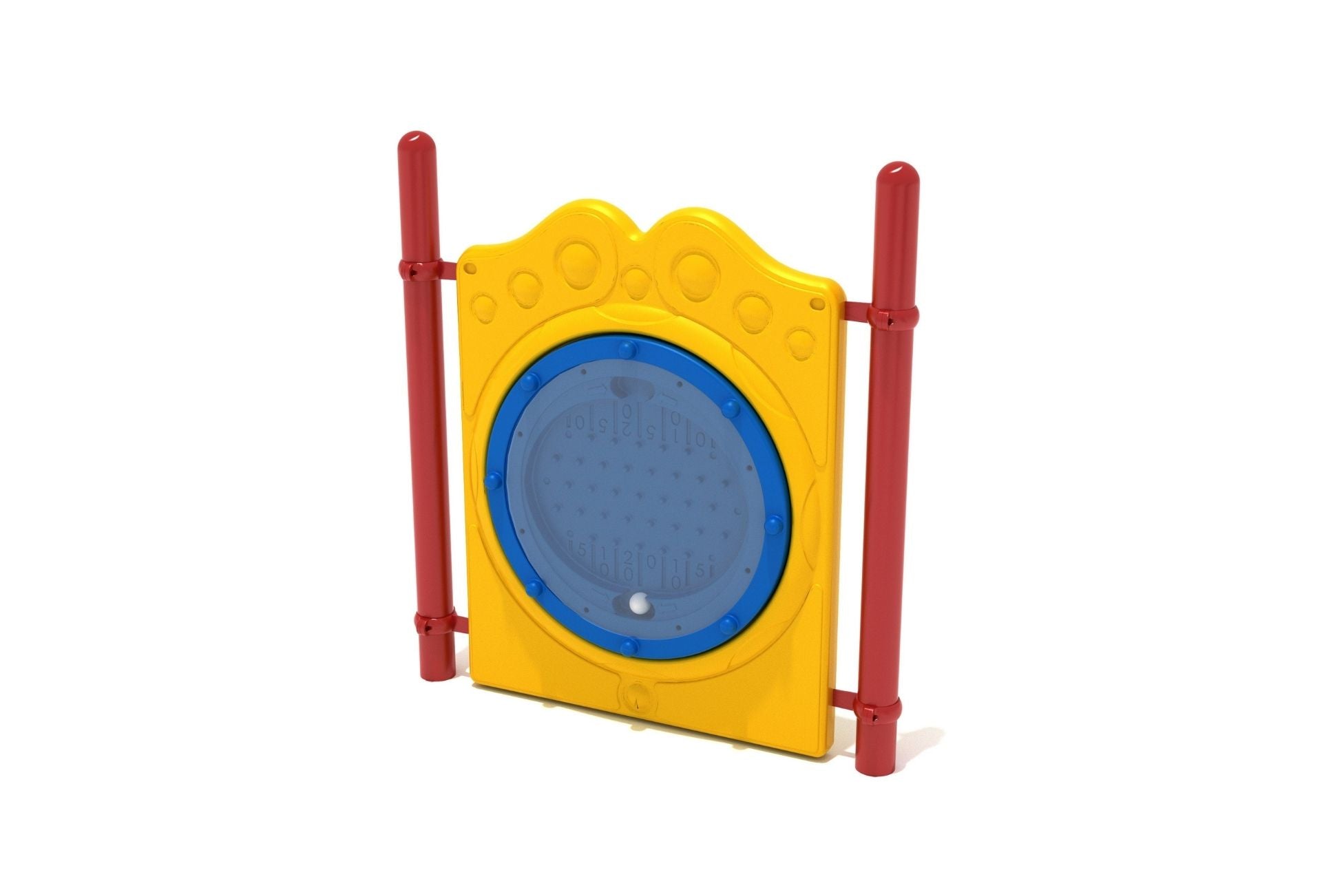 Plinko Panel Stand Alone Play Event with yellow frame, blue circular game board, red support posts, interactive children's game panel