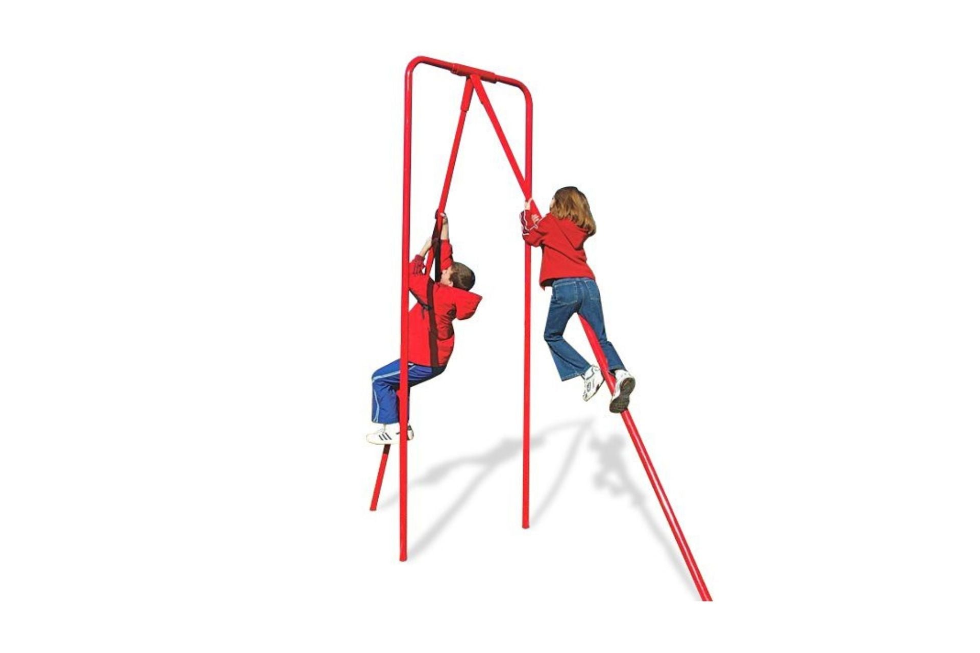 Pole Climb Challenge outdoor climbing equipment with two children in red jackets climbing red poles, promoting strength and coordination development