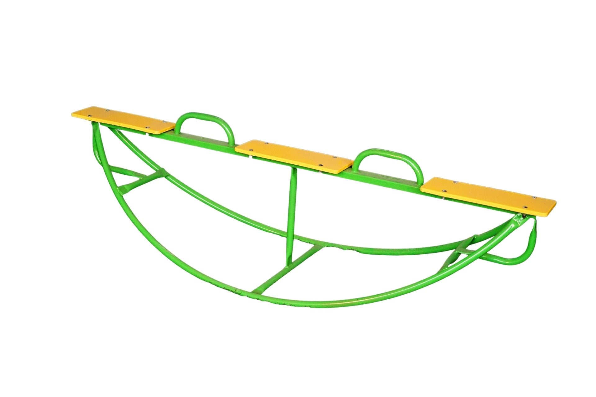 Lime green portable see saw with three yellow seats, safety handlebars, and powder-coated steel frame