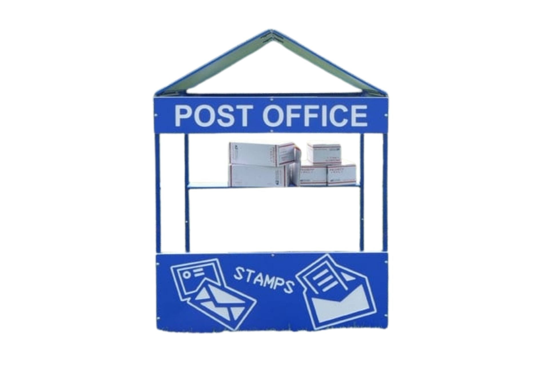 Post Office Playhouse with blue frame, mail-themed graphics, and stacked play mailboxes for imaginative community role play