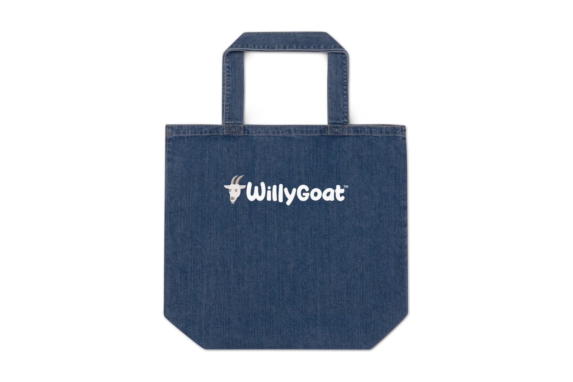 Overhead view of a blue organic denim tote bag with long handles and a white goat logo on the front