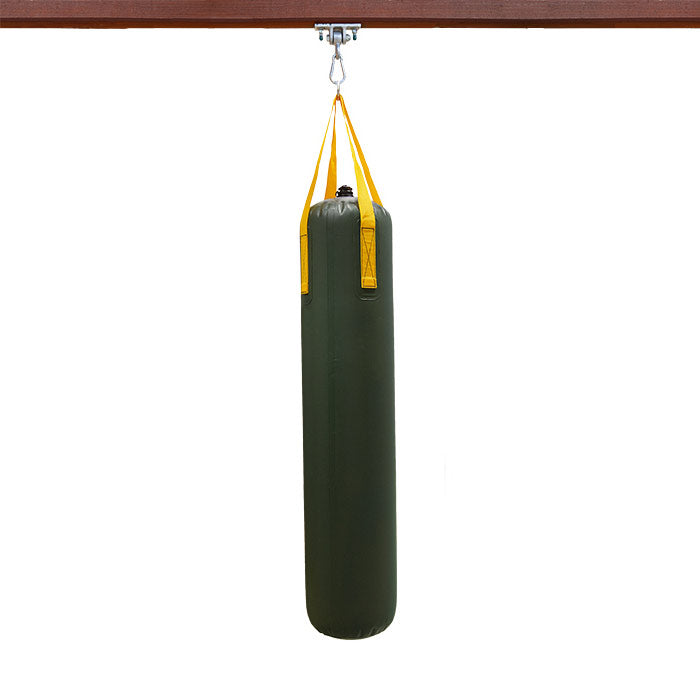Punching Bag by Gorilla Play, heavy-duty green marine vinyl with yellow straps, hanging from swing set accessory mount