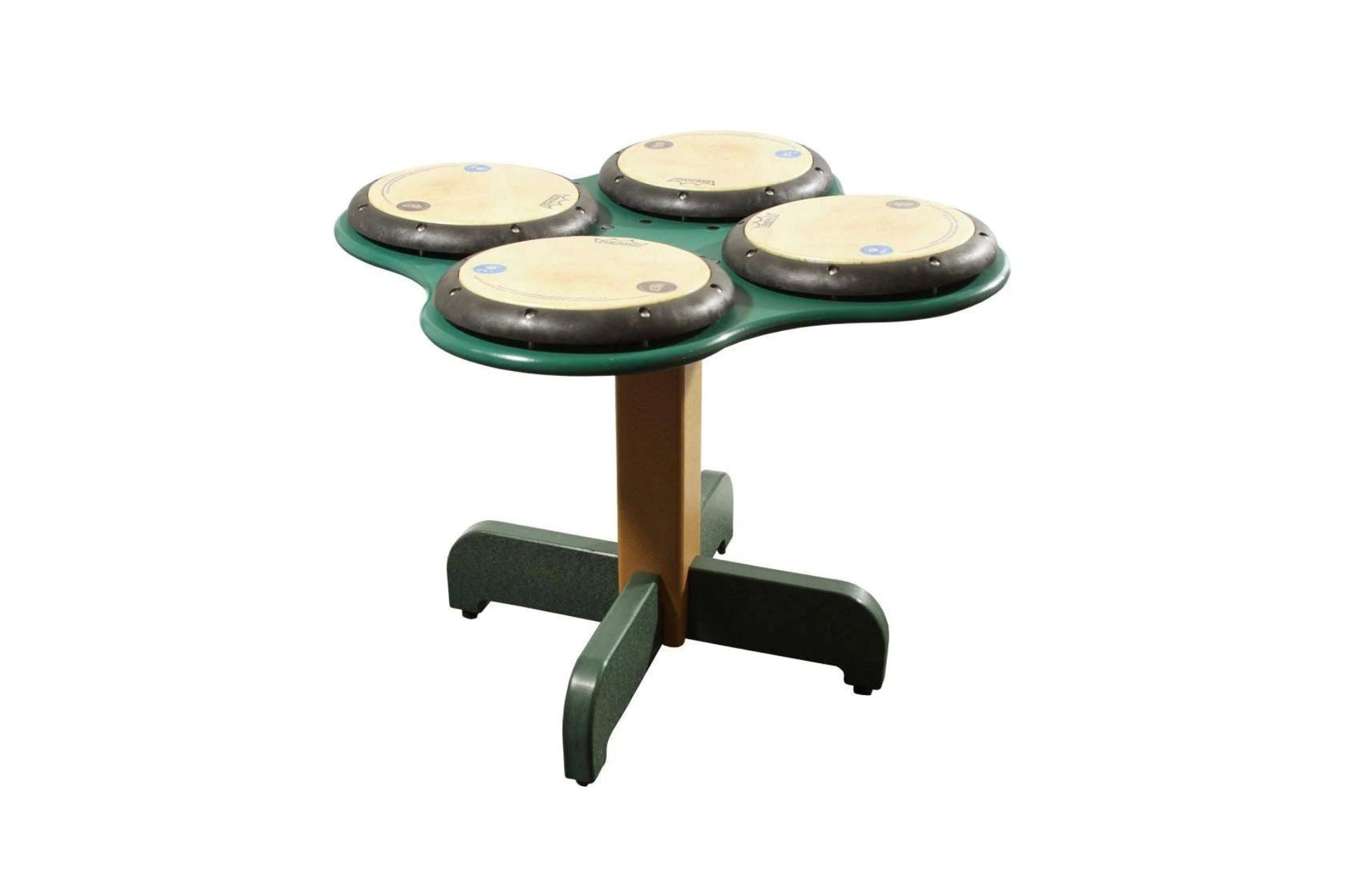 QuaDDDD Play Drum Table with four professional REMO drum-heads on green stand, designed for interactive rhythm play.