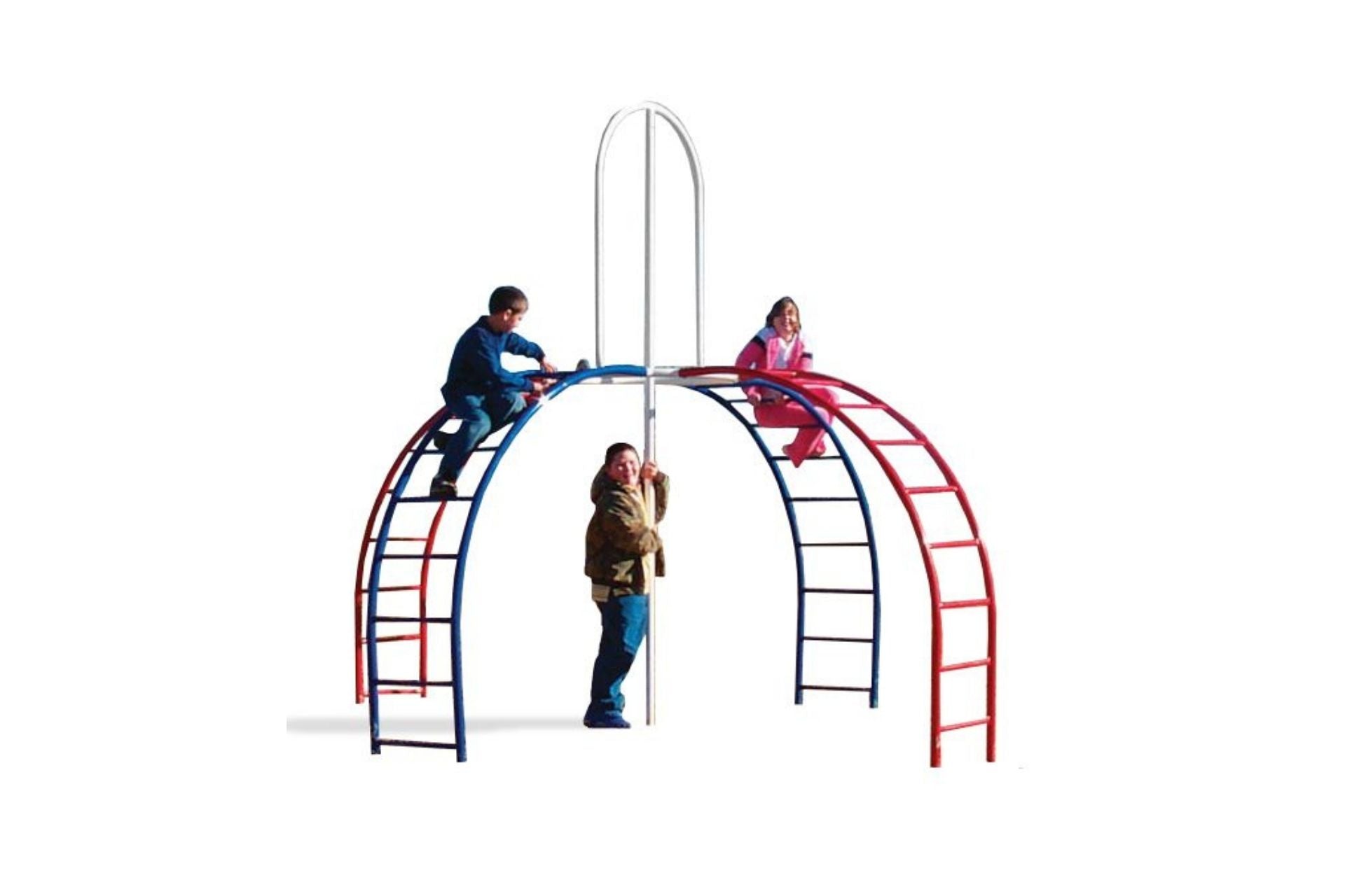 Quad Climber outdoor climbing equipment with red and blue arches and children playing, promoting active and educational play
