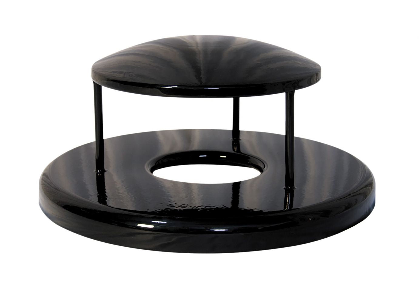 Rain Bonnet Trash Receptacle Lid in black with raised dome and central opening for trash cans