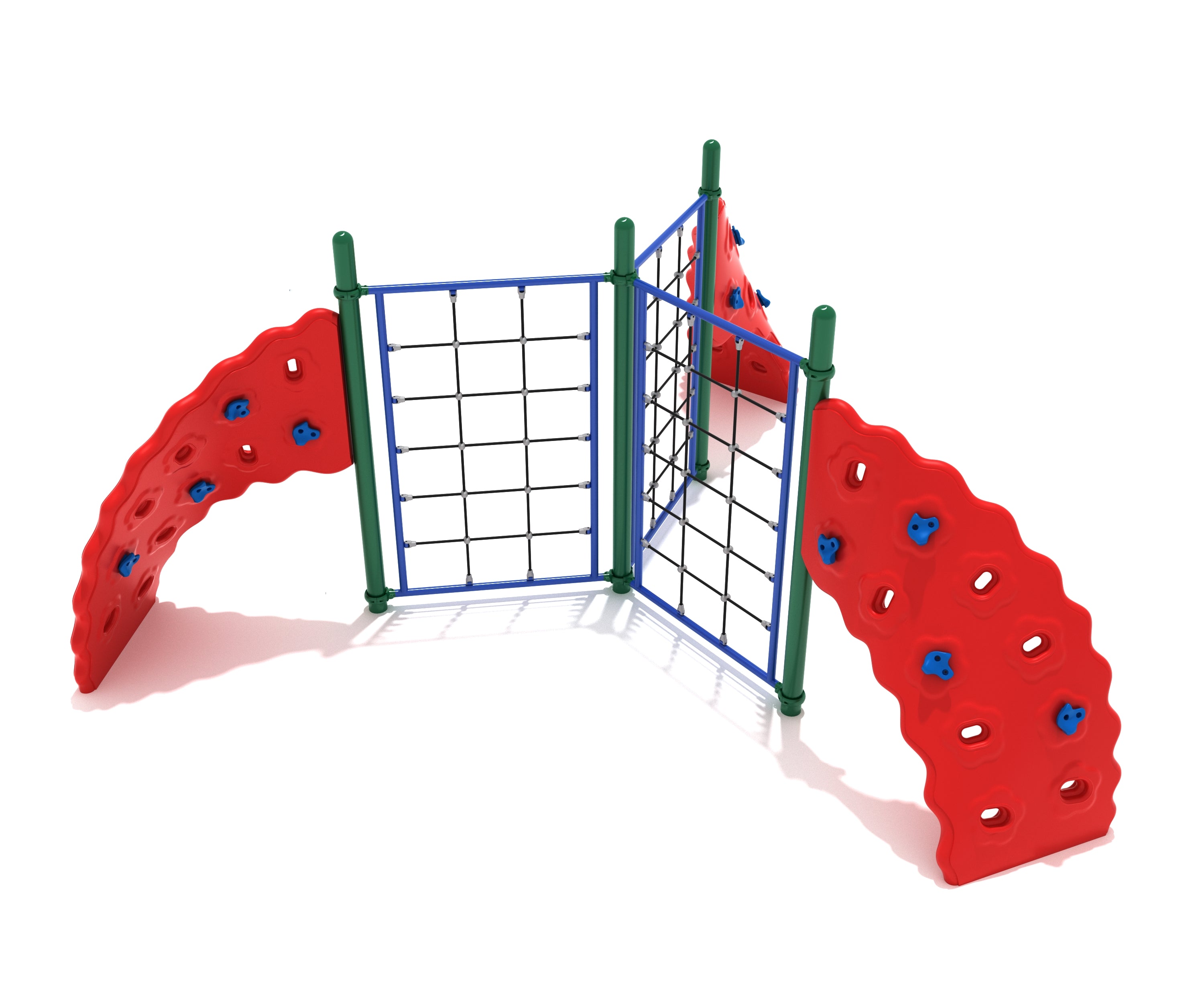 Three-panel climbing structure with red curved rock walls, blue rope net panels, and green support posts