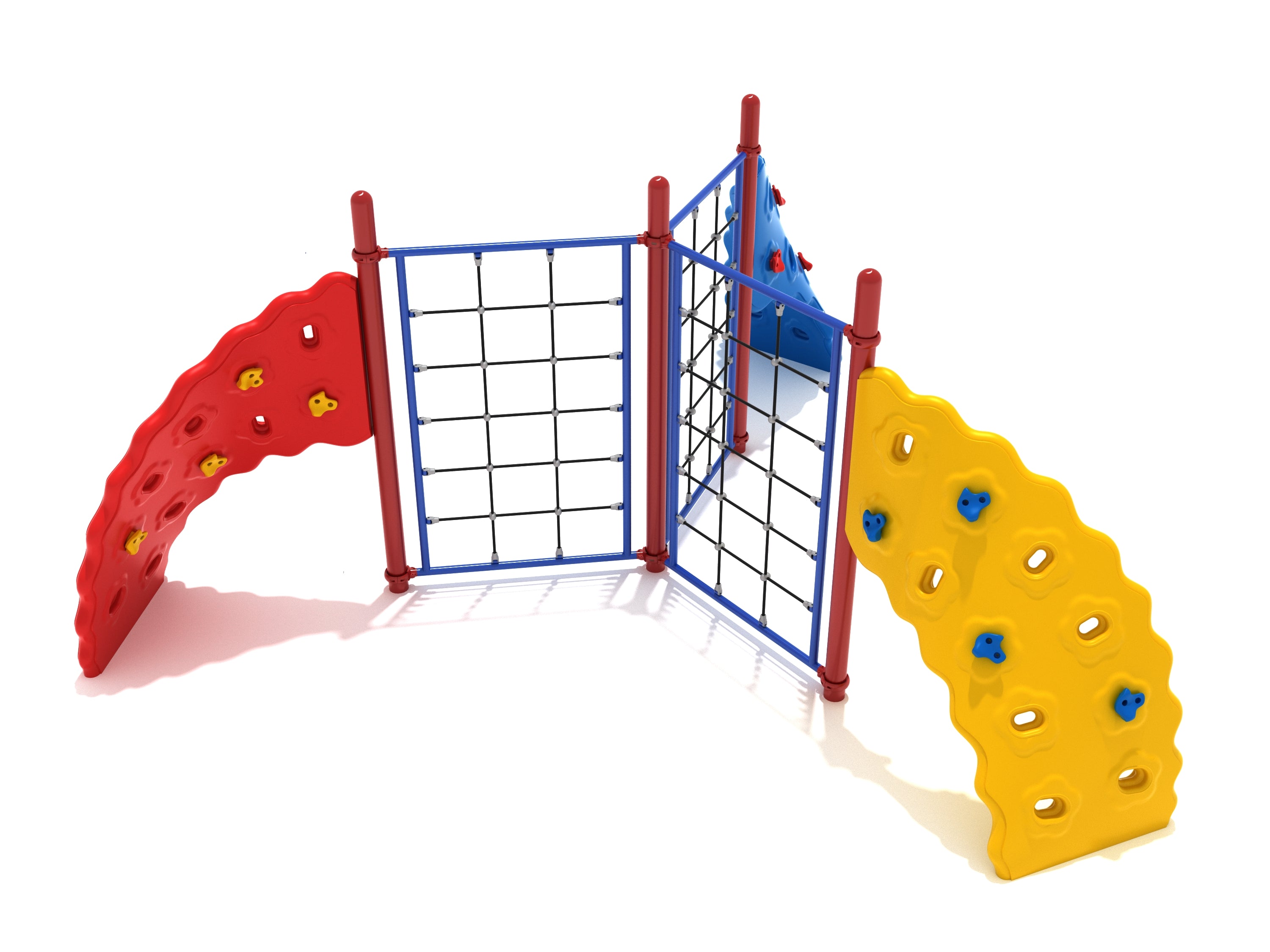 Three-panel climbing structure with red, yellow, and blue curved rock walls and black rope netting for climbing.