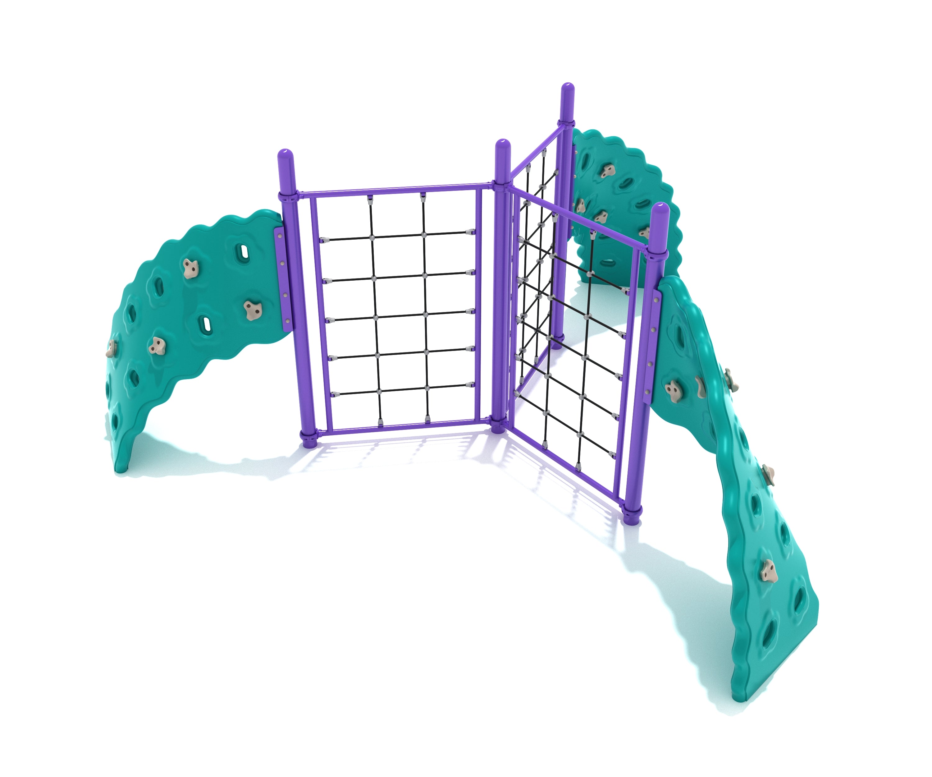 Three-panel climbing structure with purple frames, black rope nets, and curved teal rock climbing walls.