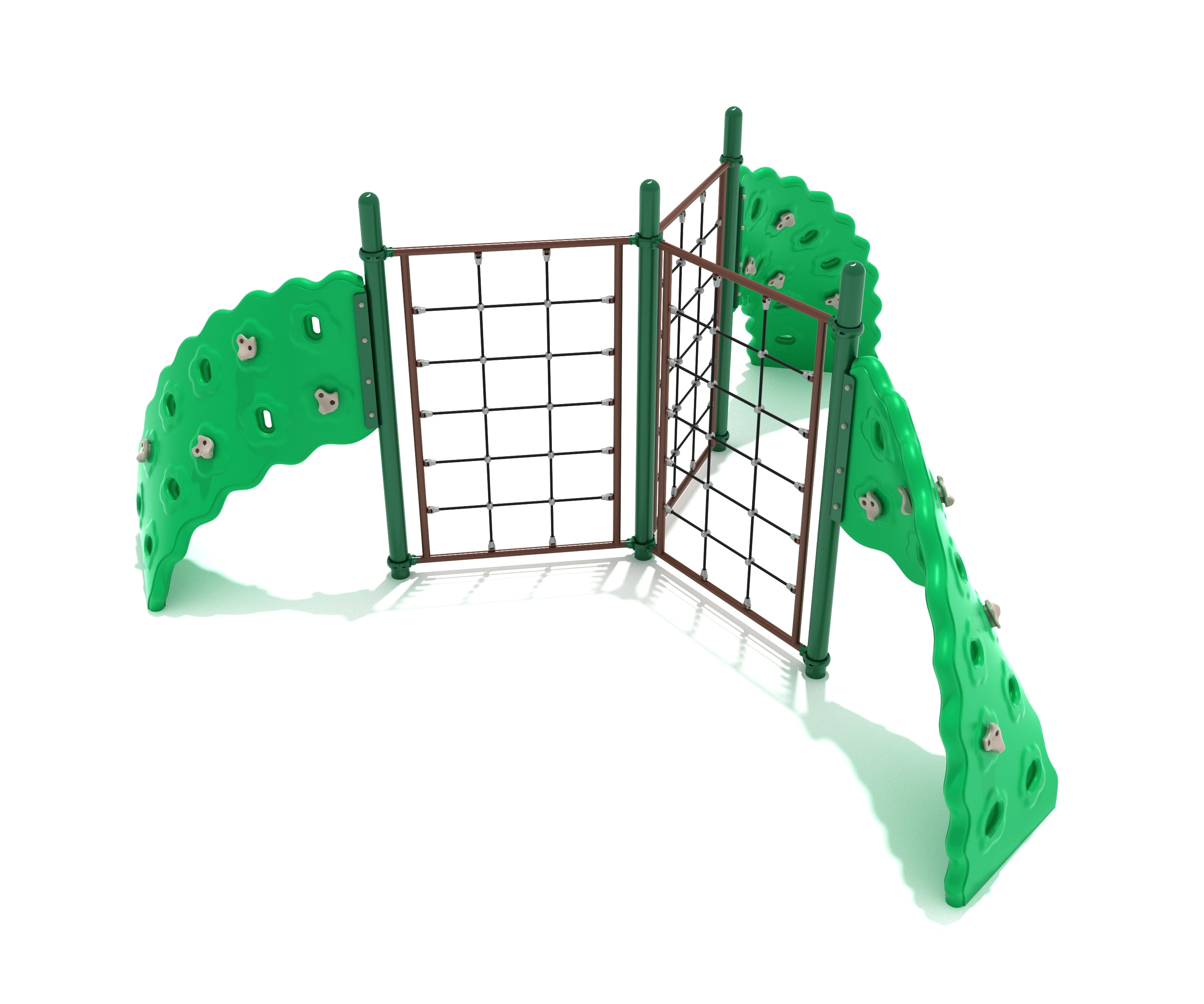 Three-panel climbing structure with green curved rock walls and black rope netting for playground motor skill development
