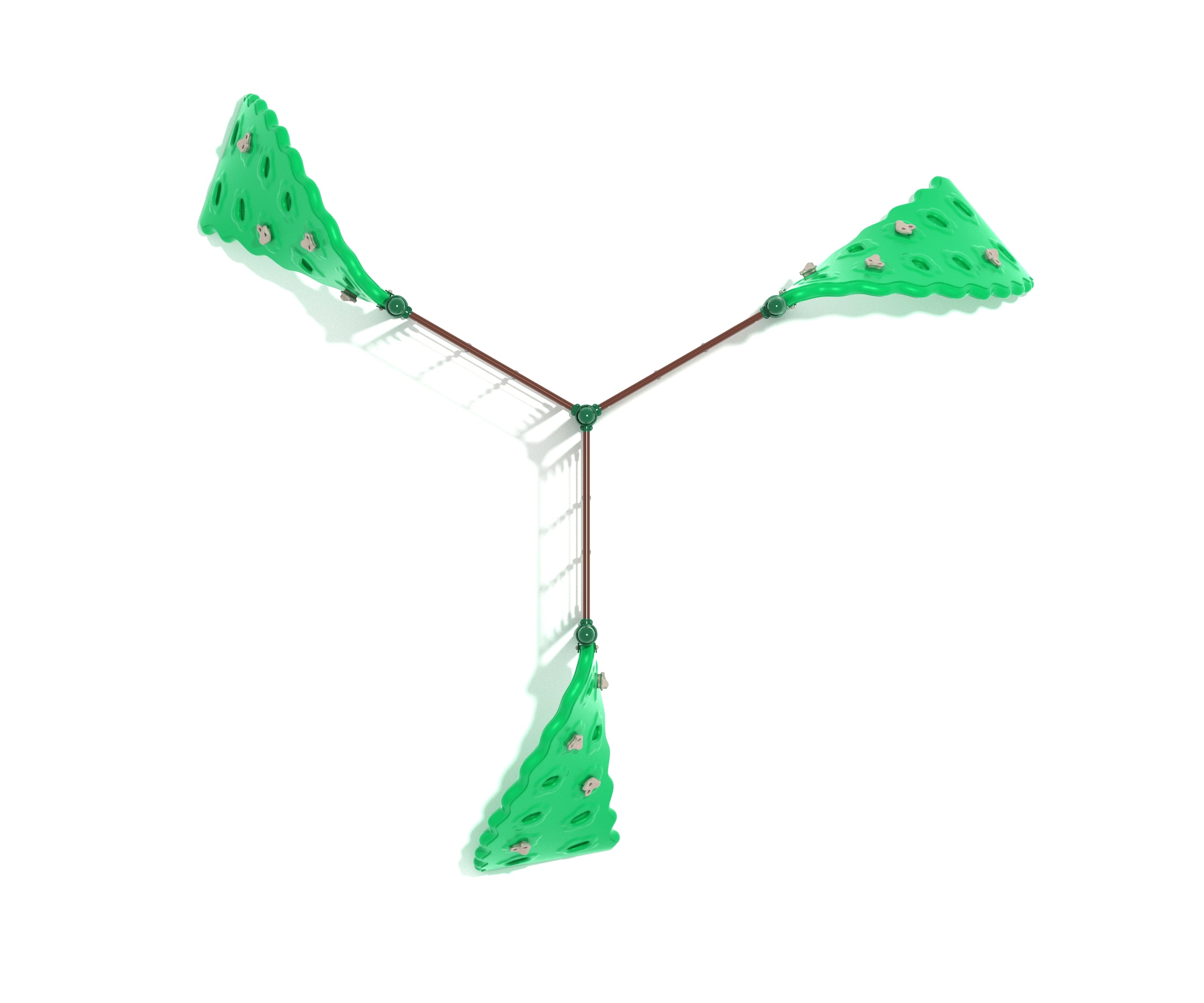 Overhead view of triangular climbing structure with three green curved rock panels and connecting rope ladders