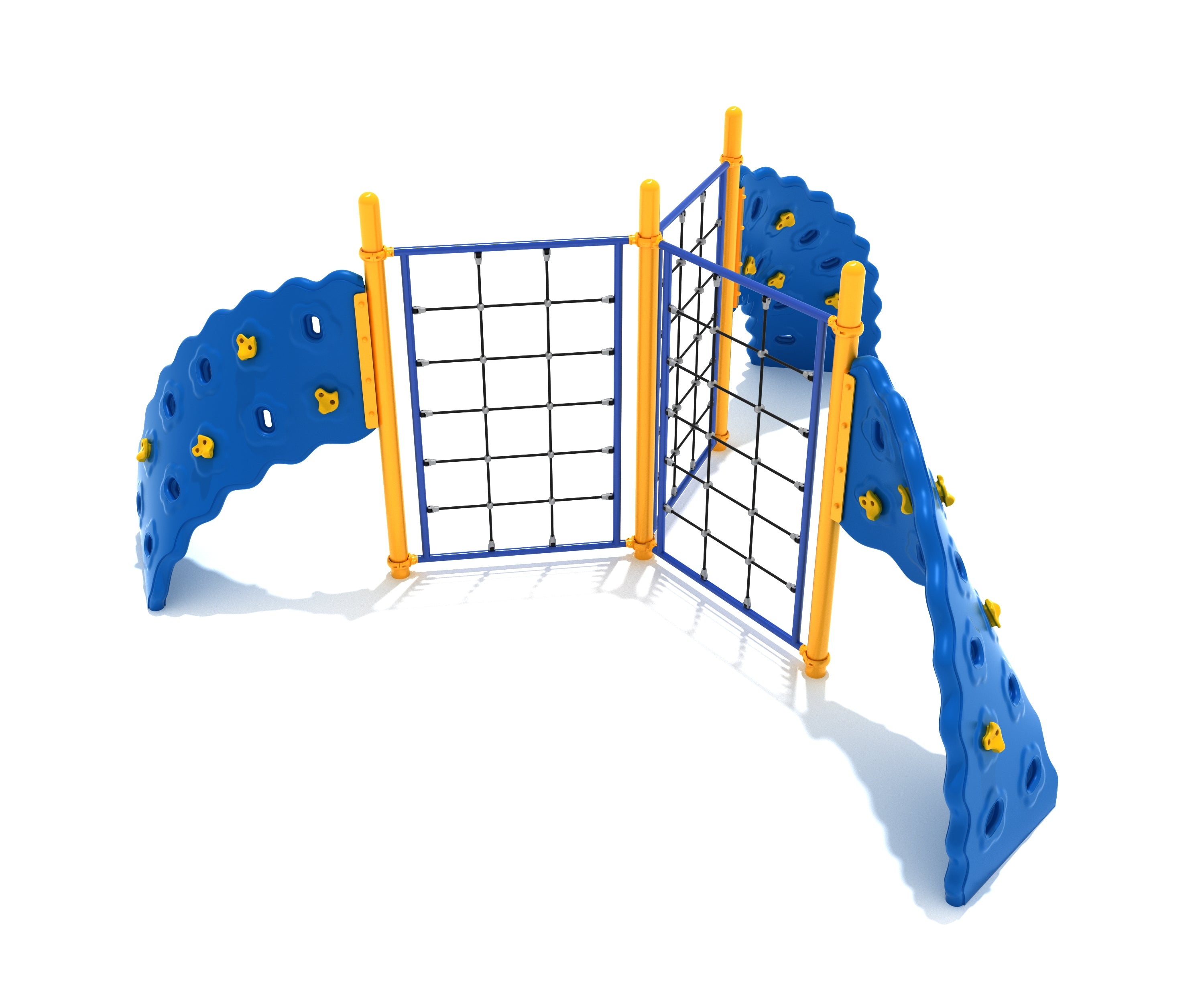 Three-panel climbing structure with blue curved rock walls, black rope nets, and yellow support posts