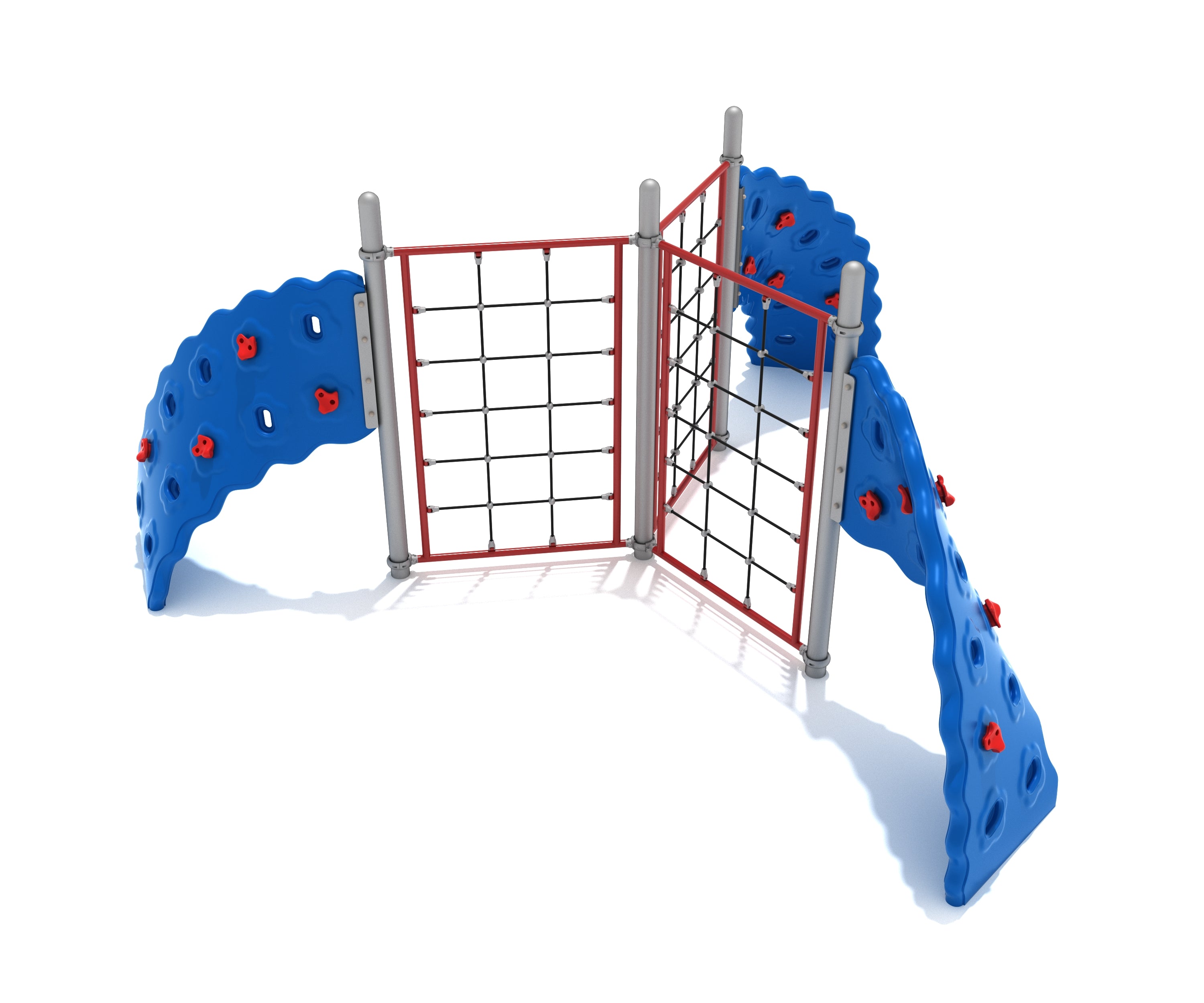 Three-panel playground climbing structure with blue curved rock walls and red rope nets for active play