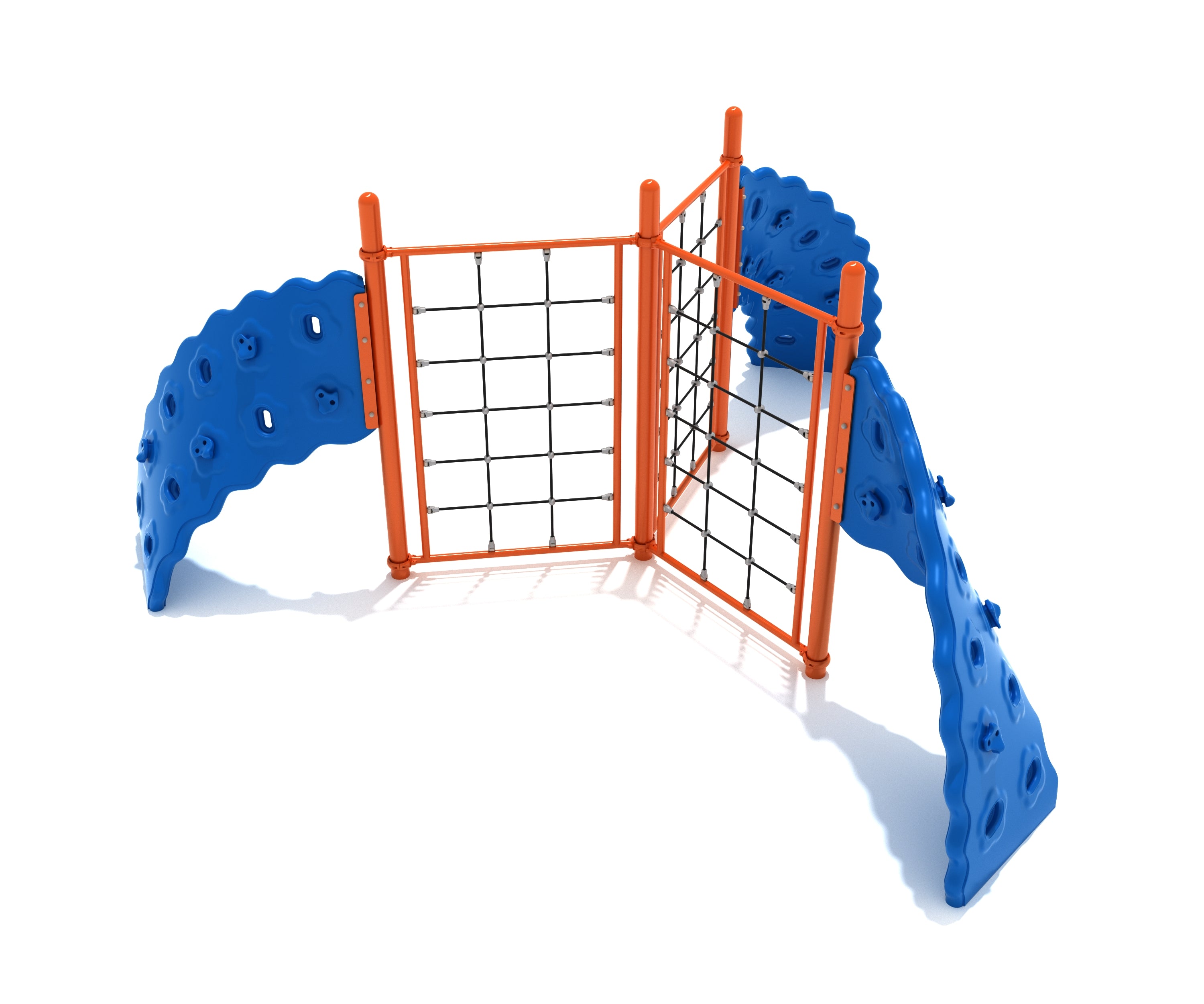 Outdoor climbing structure with three orange-framed rope panels and curved blue rock climbing walls for active play