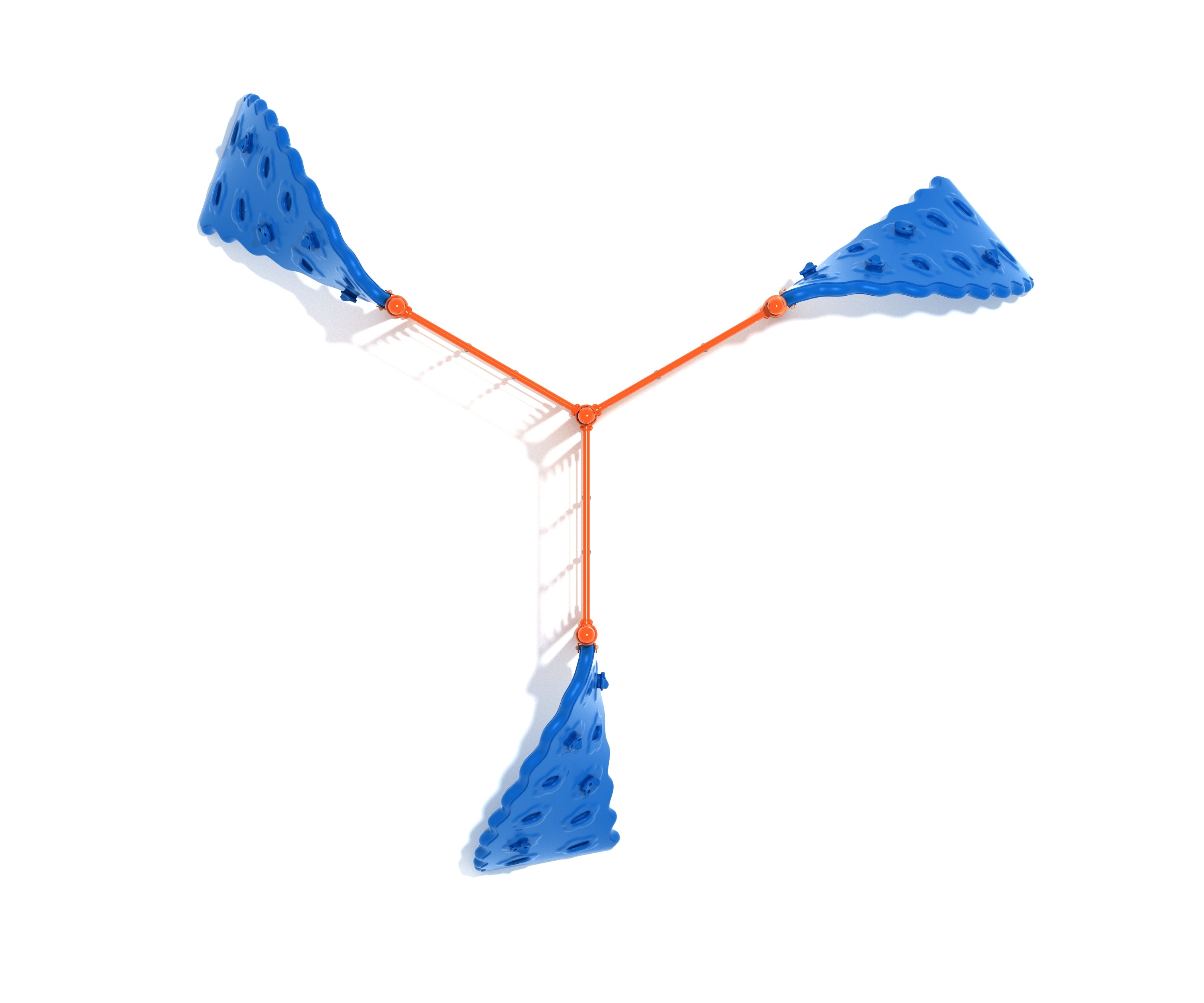Overhead view of a triangular climbing structure with three blue curved rock panels connected by orange rope walls
