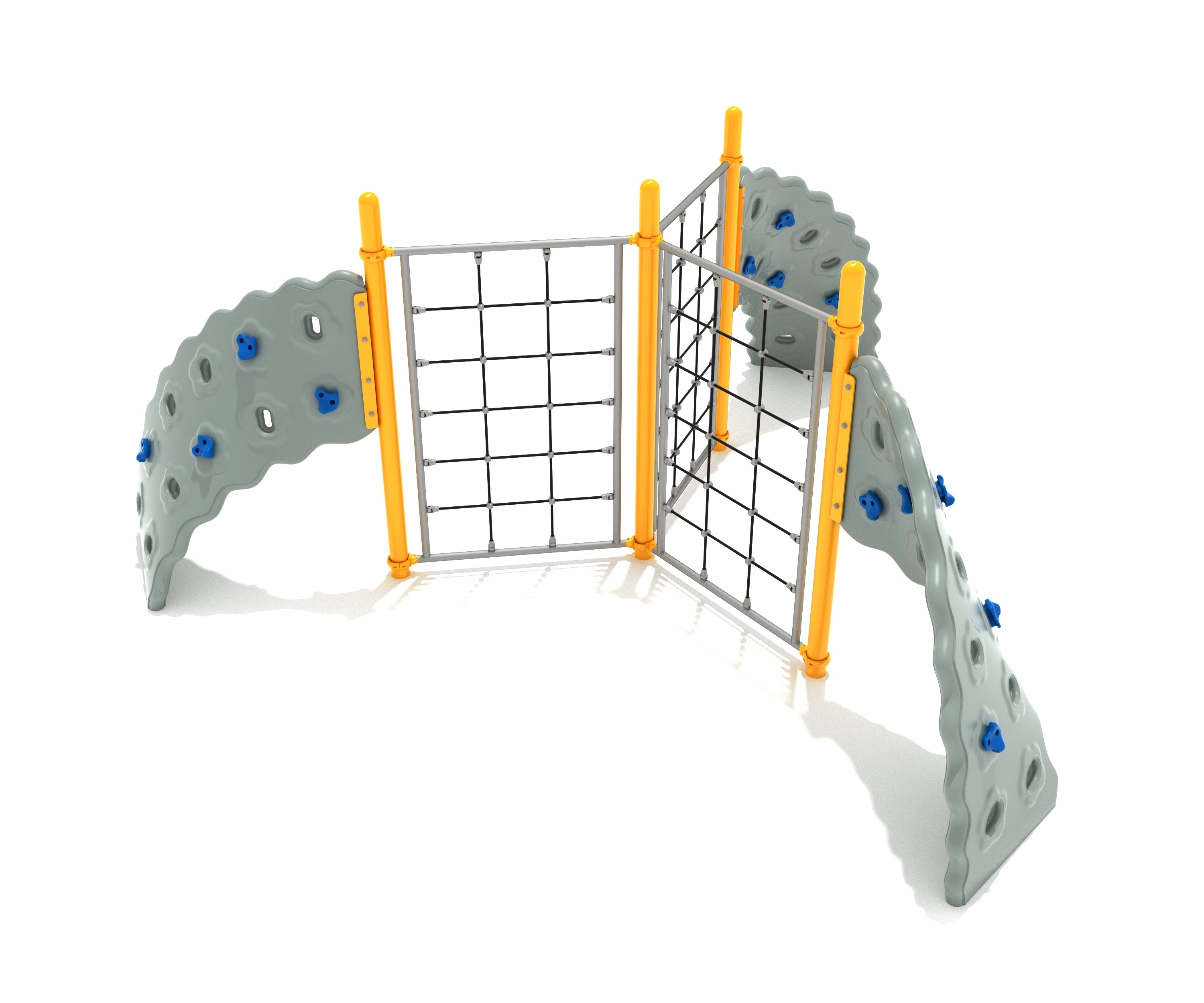 Triangular climbing structure with three curved gray rock panels with blue grips and two black rope net walls supported by yellow posts
