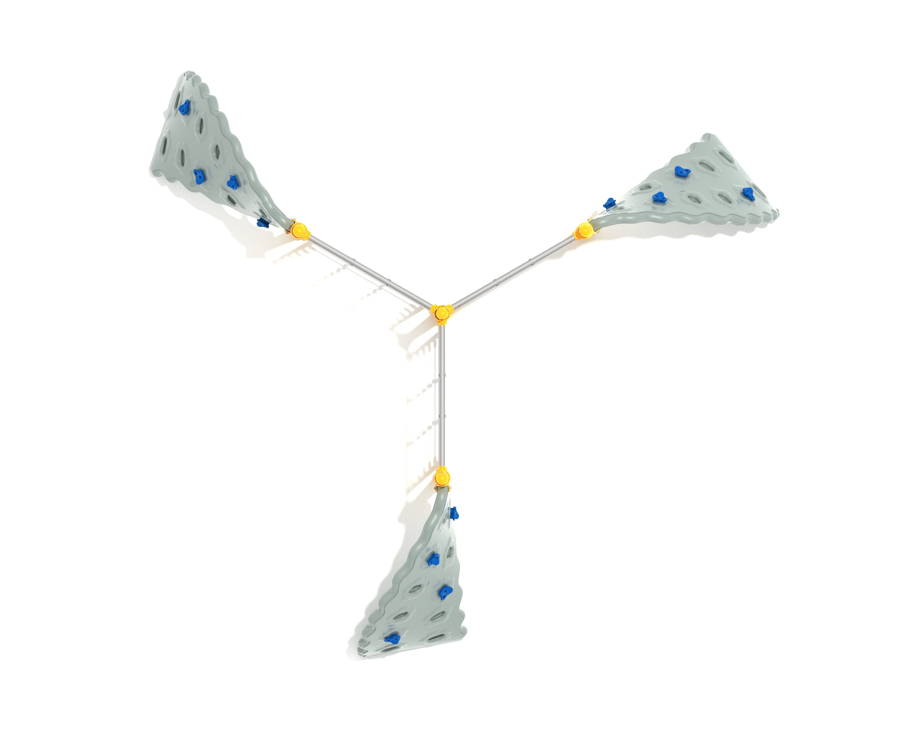Overhead view of a three-panel climbing structure with curved gray rock panels, blue handholds, and connecting metal bars