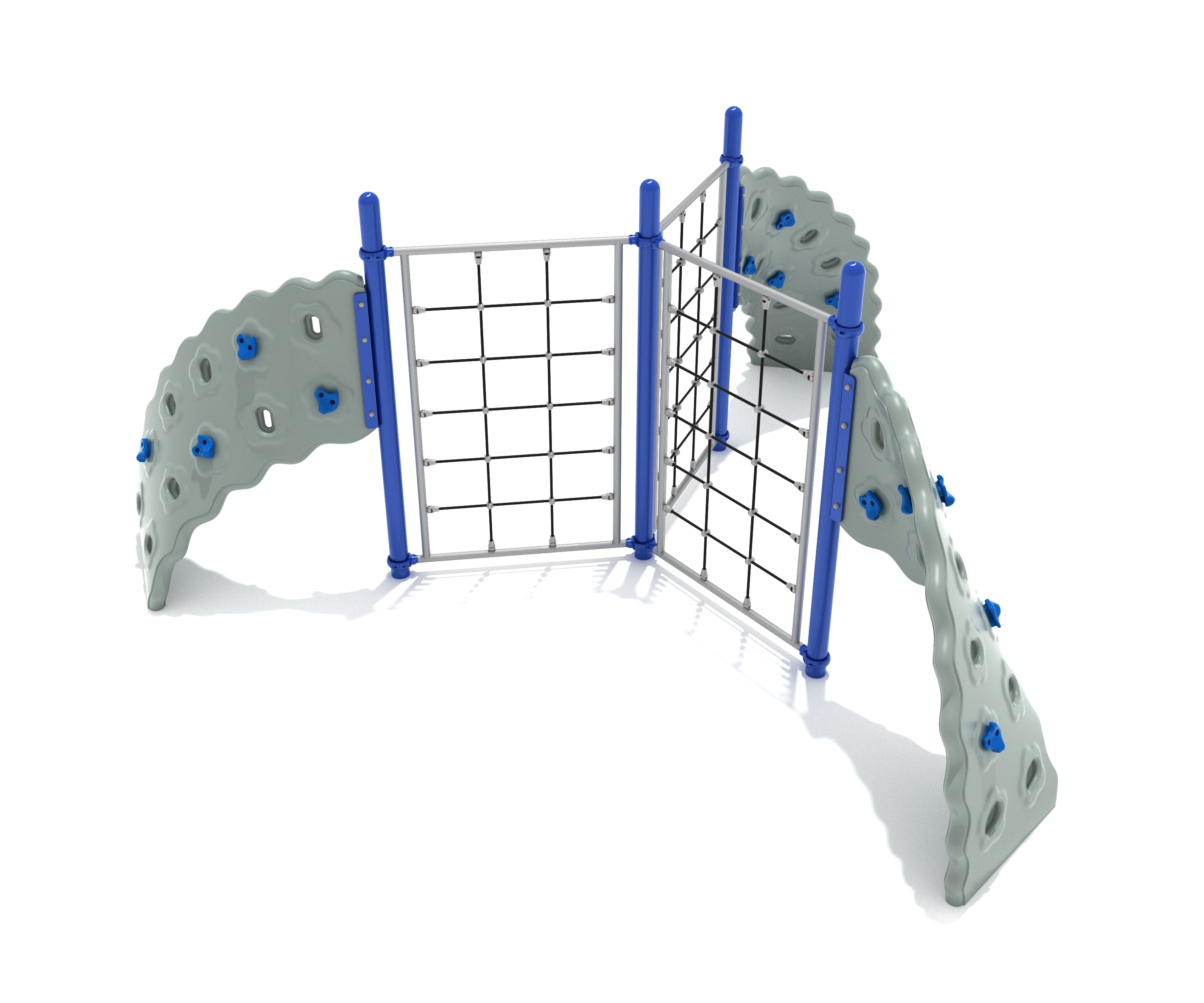 Three-panel climbing structure with blue posts, rope walls, and curved gray rock panels with blue climbing holds