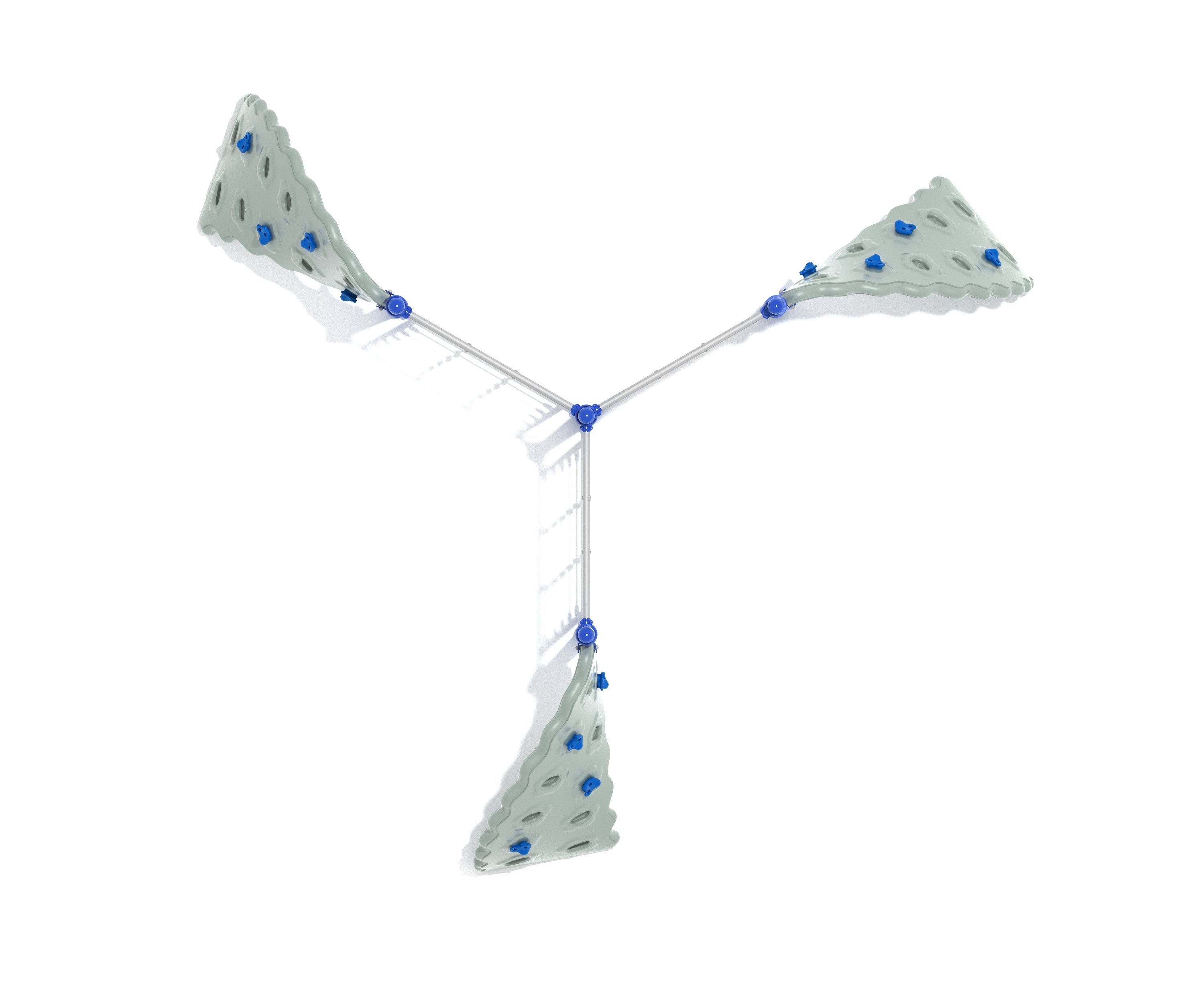 Overhead view of a Y-shaped climbing structure with three curved rock panels and rope walls for active play