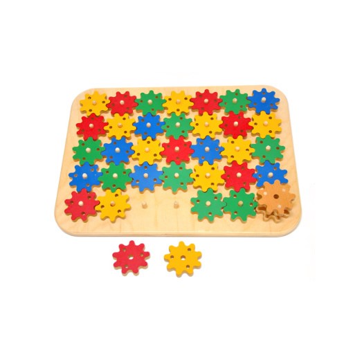Gears Puzzle with colorful interlocking wooden gears in red, yellow, green, blue, and natural tones on a puzzle board