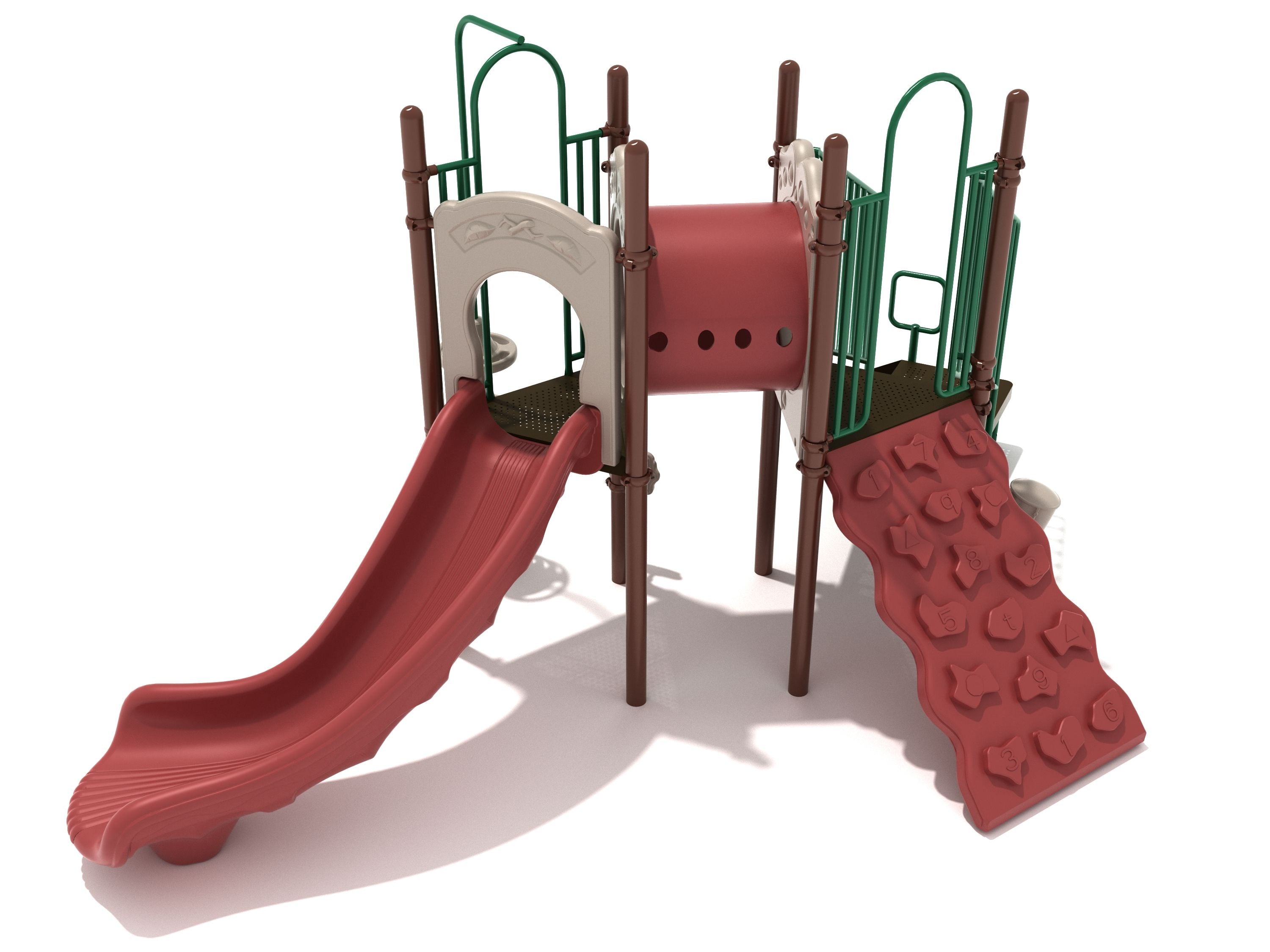Playground structure with two elevated platforms connected by a red tube bridge, red slide, climbing wall with shapes and numbers