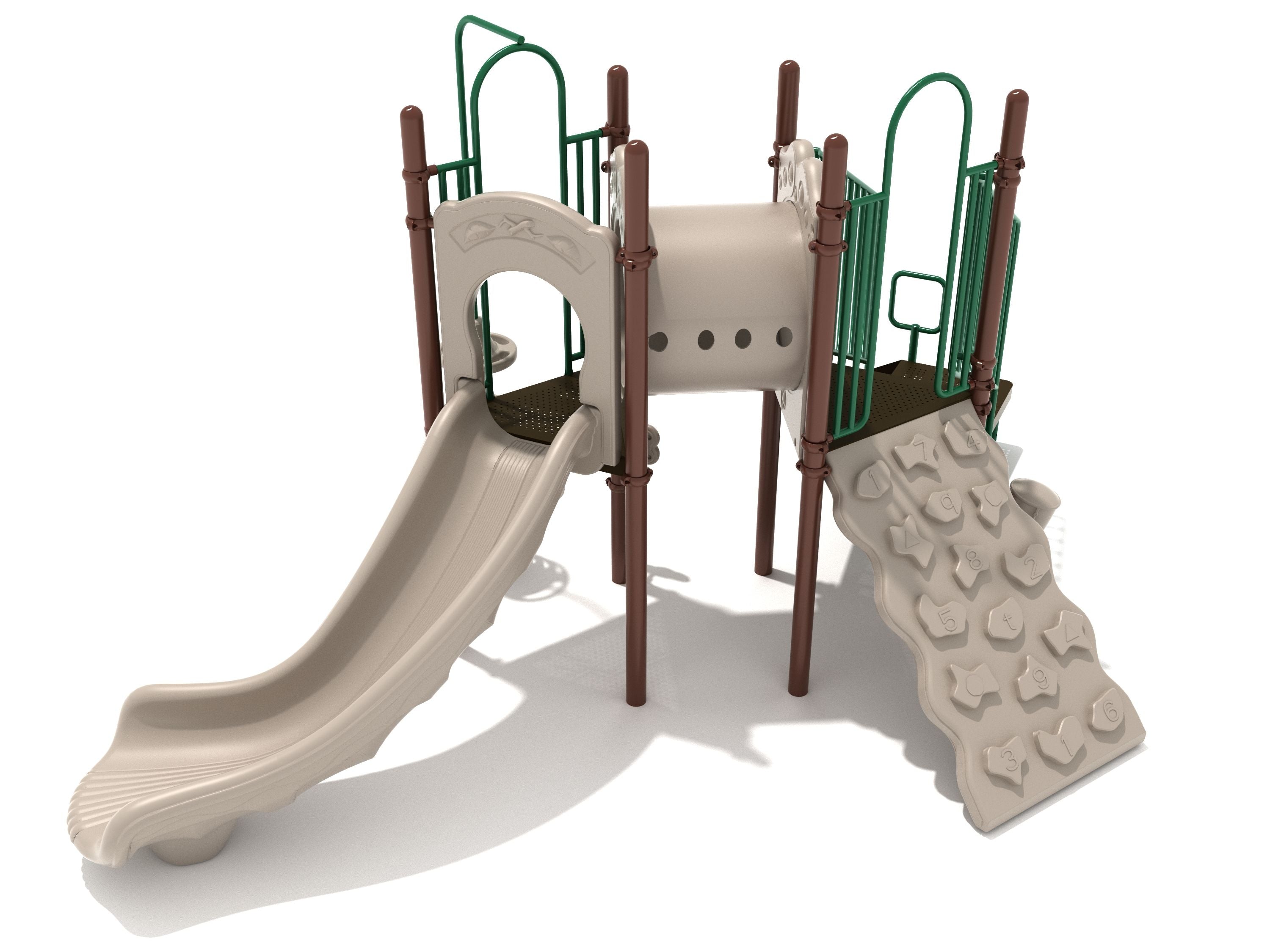 Compact playground structure with beige slide, climbing wall with shapes and numbers, green safety rails, and tube bridge connection