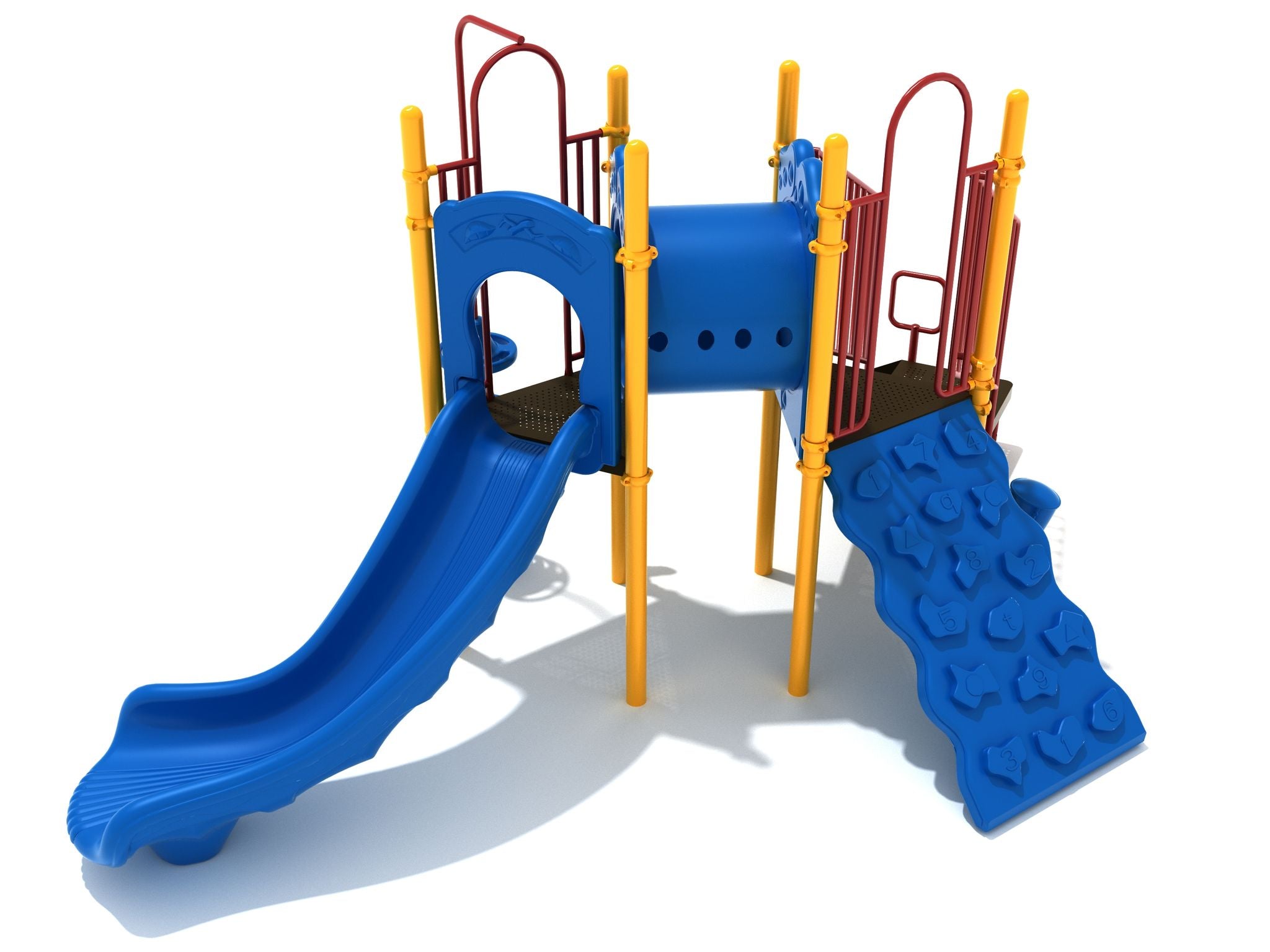 Redmond Playground with blue right-turn slide, tube bridge, number climber, red rails, and yellow posts playset