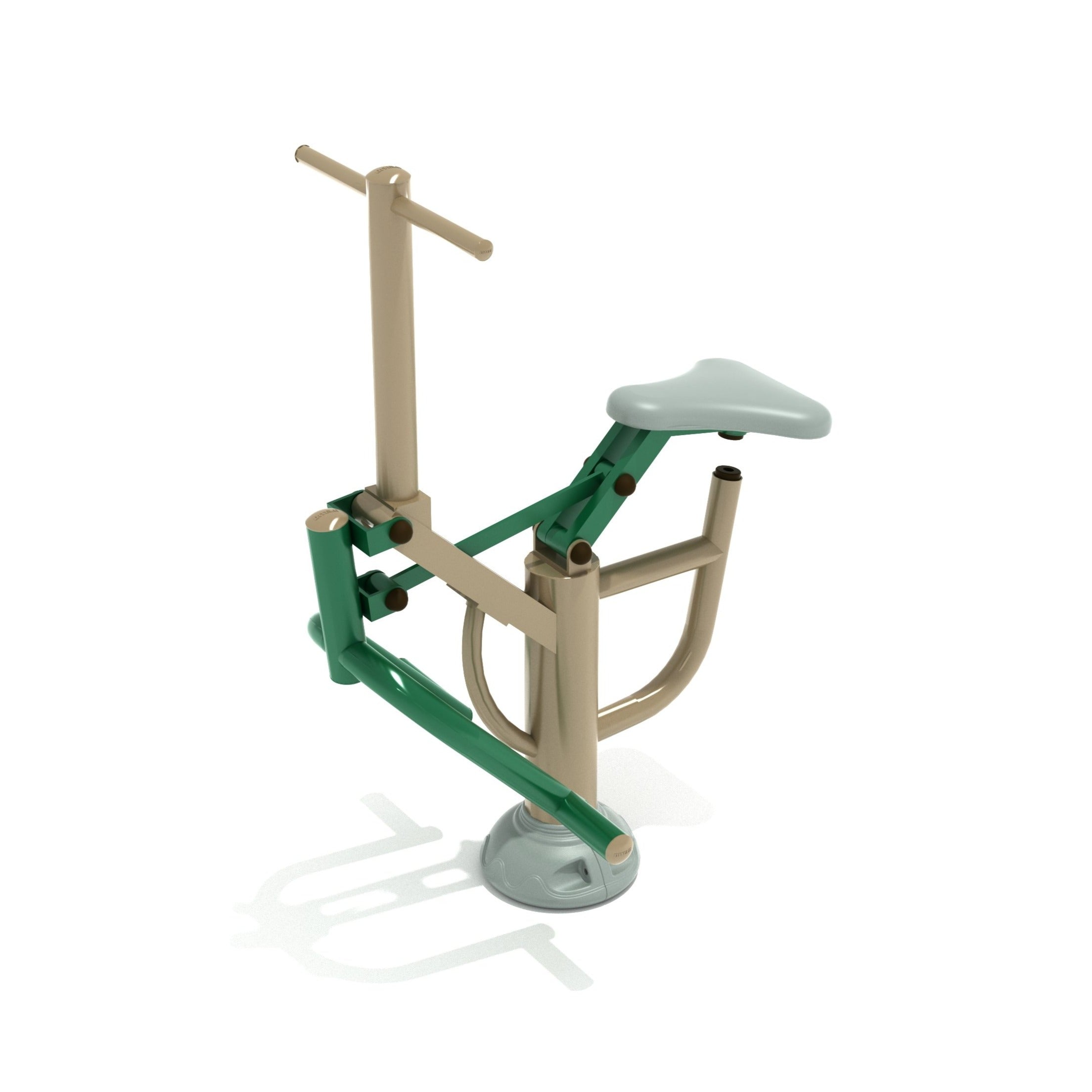 Outdoor fitness equipment with green and beige steel frame, saddle seat, and dual handles for full-body workout