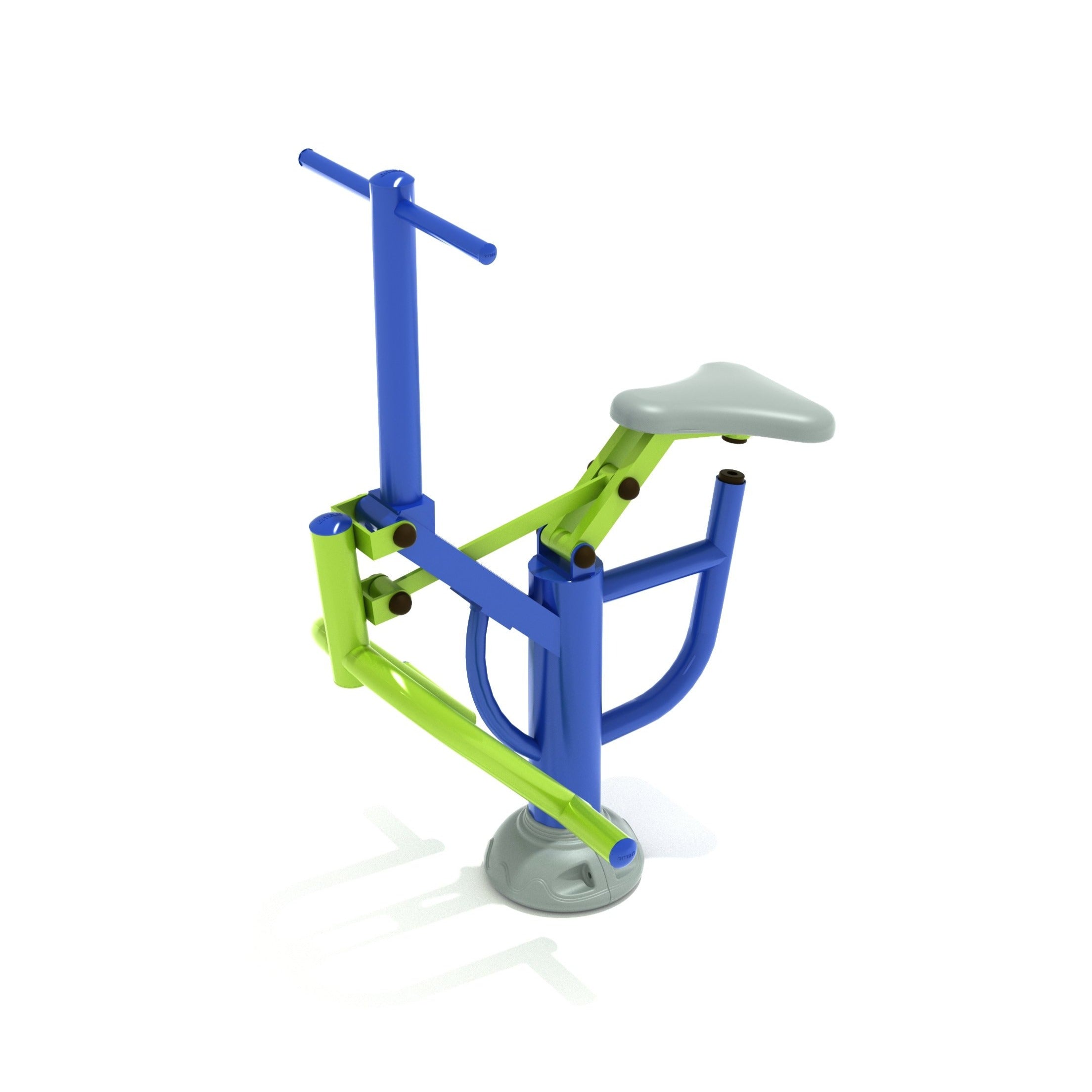 Outdoor fitness rider with blue and green galvanized steel frame, gray seat and handlebar, designed for full-body workout